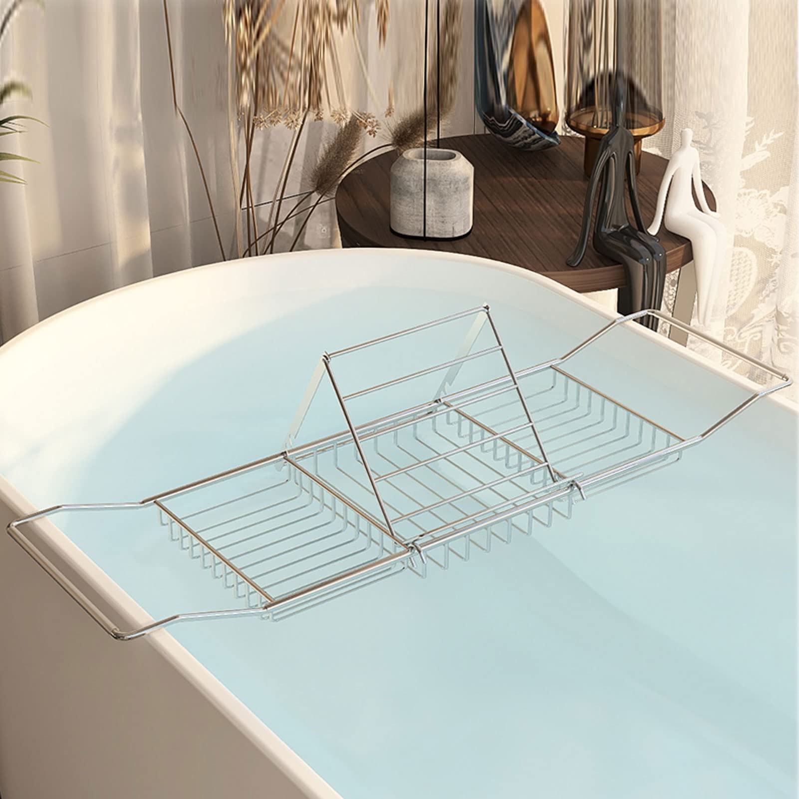 HGTRH Expandable Bathtub Caddy - Stainless Steel Bath Table with Non-Slip Grip, Adjustable from 24.4″ to 35.4″, Holds Wine, Snacks, Phone, Fits Most Tubs - Perfect for Relaxing Baths and Spa Nights