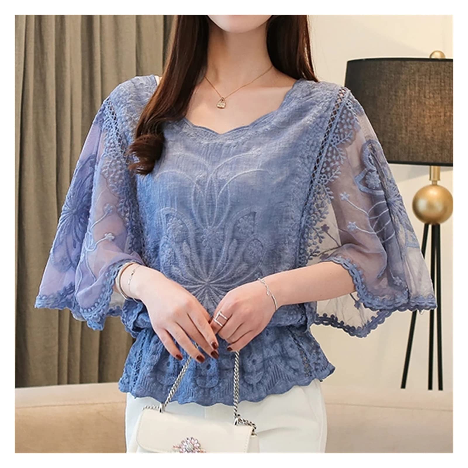 Women's Summer Lace Hollow Out Blouse - Sweet Blue Solid Top for Casual Wear, Office & Date Night (Size: 2XL, Color: A)