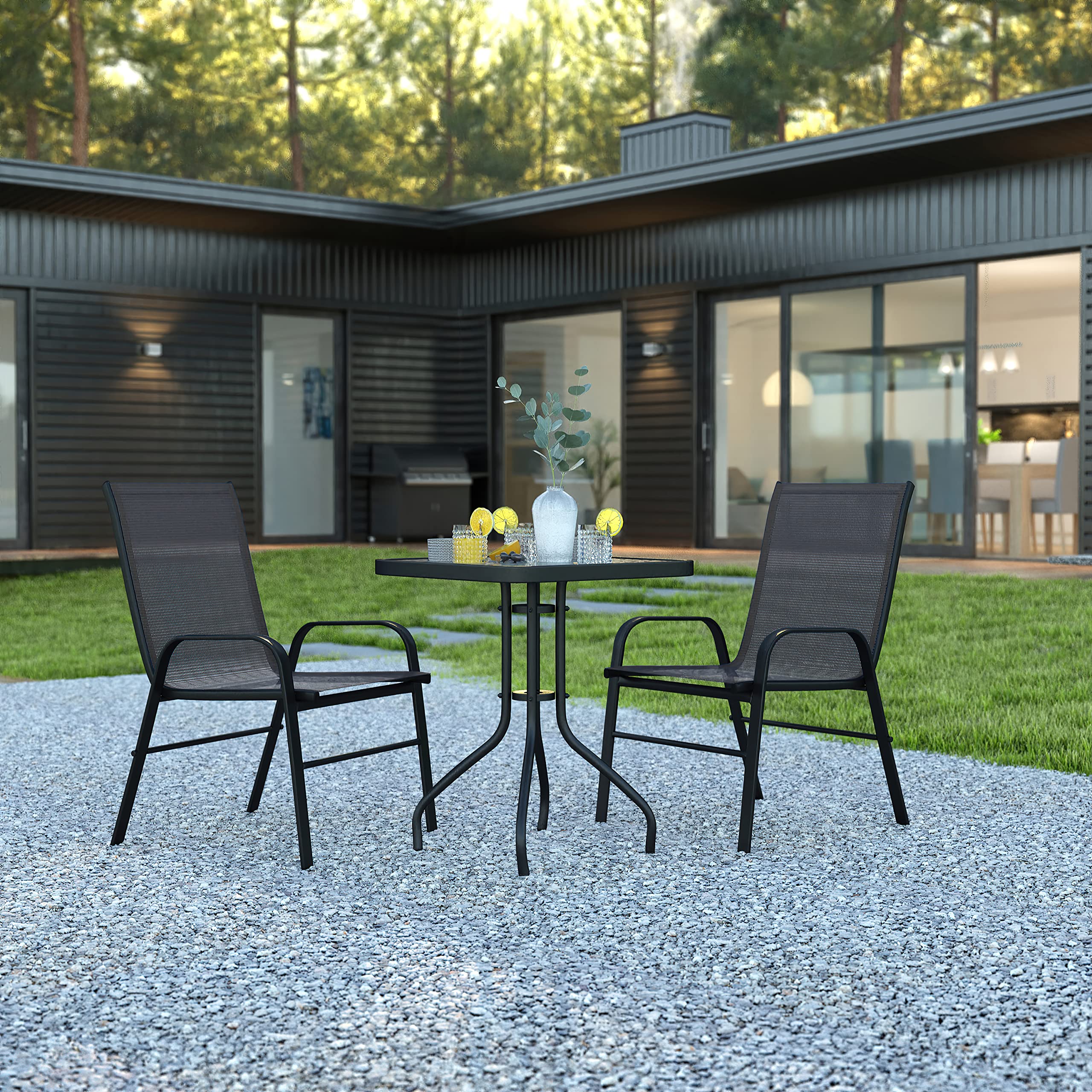 3-Piece Outdoor Patio Dining Set with 2 Black Flex Comfort Stackable Chairs & 23.5