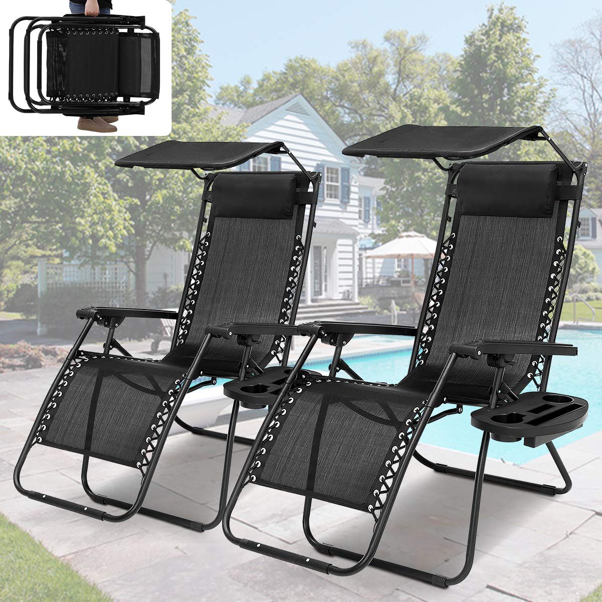 Zero Gravity Recliner Chair Set of 2 - Patio Lounge Chairs with Canopy Shade & Cup Holders - Durable Steel Frame Folding Outdoor Chairs for Beach, Lawn, Deck, Yard - Perfect for Relaxing, Sunbathing & Backyard Lounging (Black)