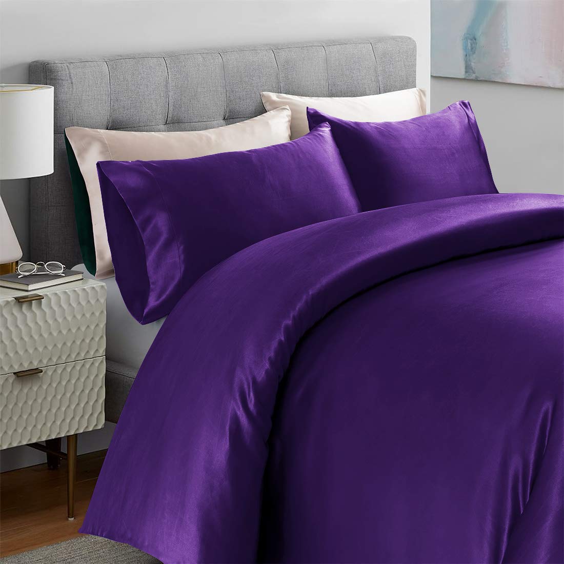 100% Pure Silk Satin Duvet Cover Set with 2 Pillowcases - Wrinkle & Fade Resistant, Breathable Luxury Bedding for Full/Queen Size Bed - Soft Cooling Silk Duvet Set in Purple | Perfect for Hot Sleepers & Sensitive Skin | Bedroom Decor Upgrade
