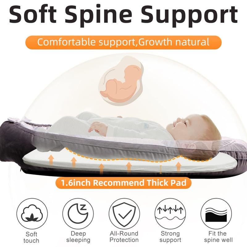 Premium Baby Lounger for Newborns 0-24 Months - Soft Infant Lounger with Breathable Cover | Essential Baby Gift for Nursery, Travel & Playtime | Lightweight Grey Leaves Design (Perfect for Cuddling, Napping & Tummy Time)