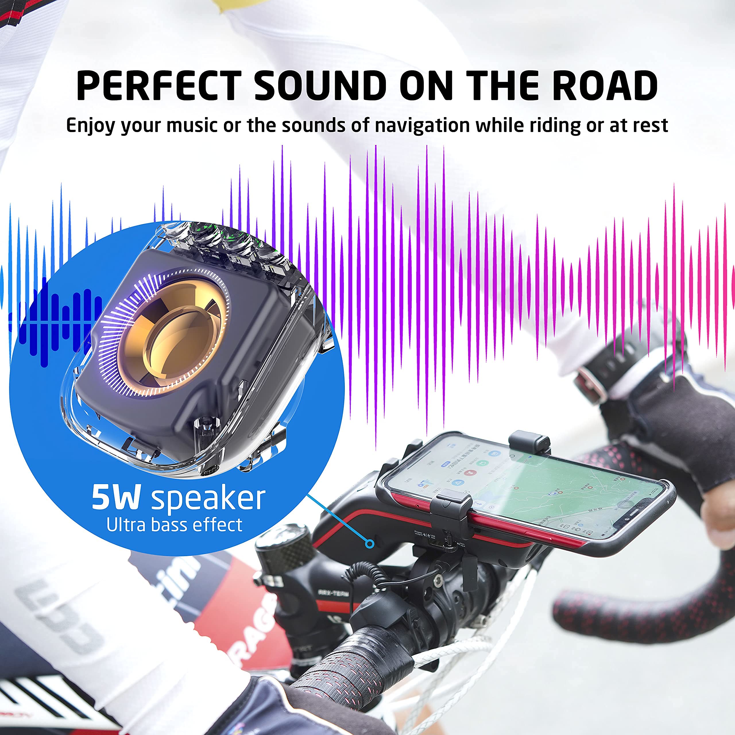 10-in-1 Bluetooth Bike Speaker with Phone Holder, LED Light, Power Bank & Horn - Waterproof Wireless Bicycle Speaker for Road & Mountain Biking - Perfect for Outdoor Cycling, Commuting & Fitness Rides (Black)