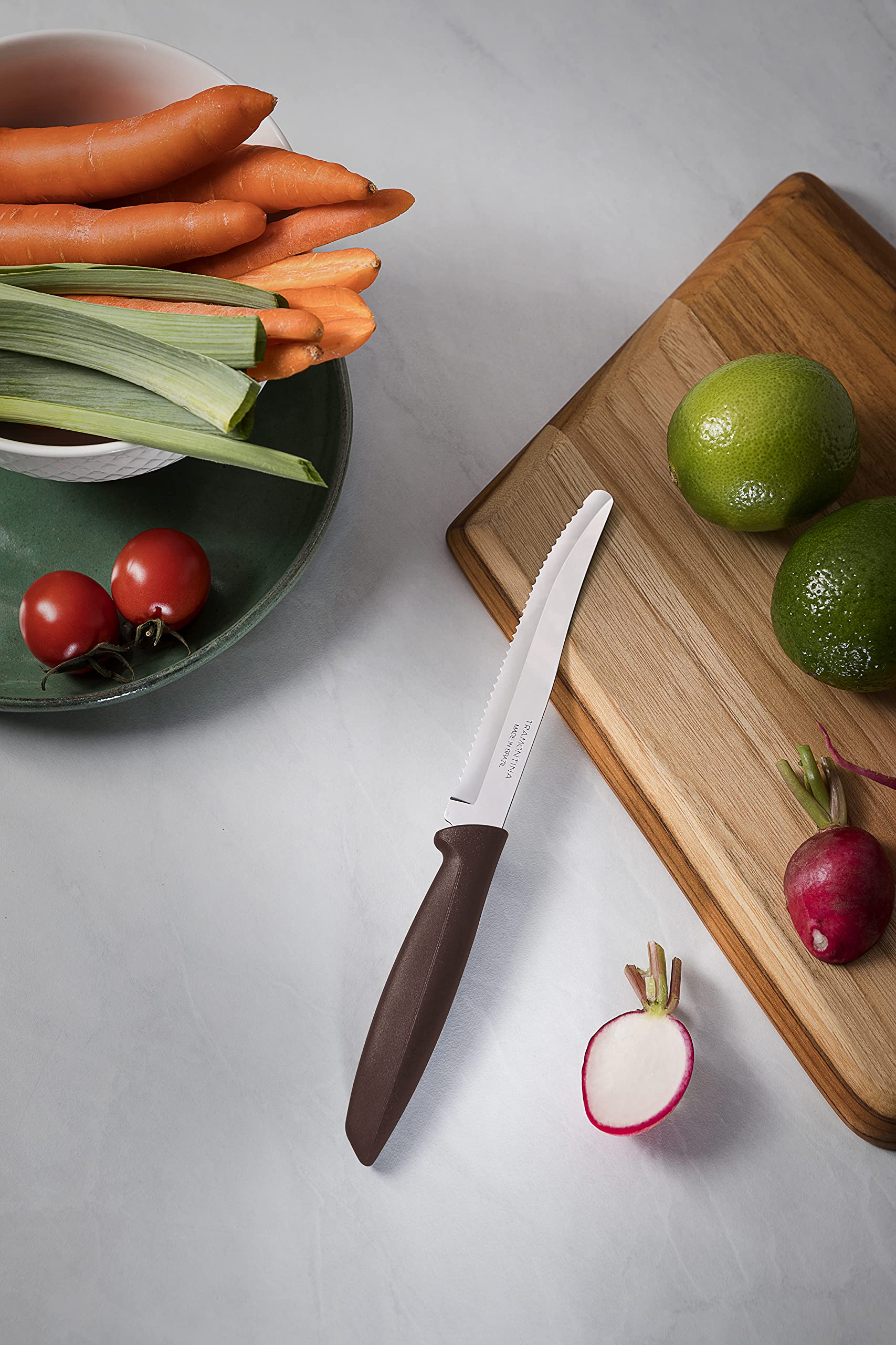 Tramontina 6-Piece Stainless Steel Kitchen Knife Set - Serrated Fruit & Tomato Knife, Vegetable Chopper & Peeler - Multipurpose with Rounded Tip - Perfect for Cooking, Slicing & Meal Prep (Brown, Model 23498455)