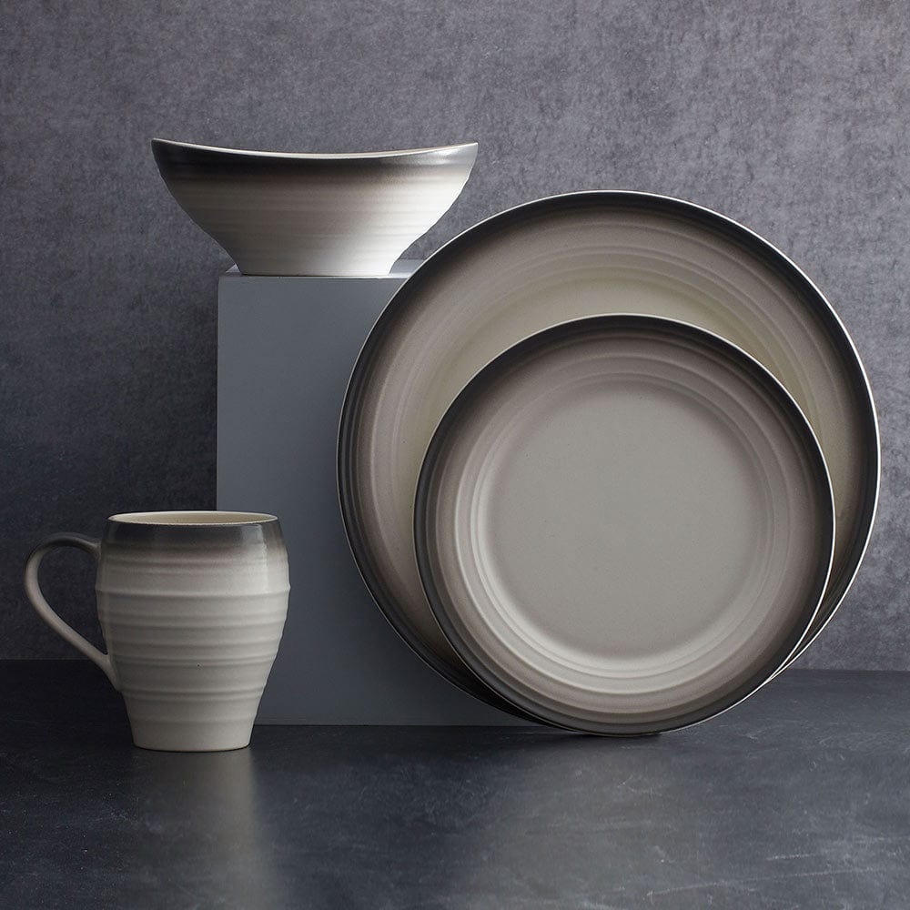 Swirl Ombre Graphite 4-Piece Dinnerware Set - Elegant Plates, Bowls & Mugs for Modern Dining, Entertaining & Home Decor