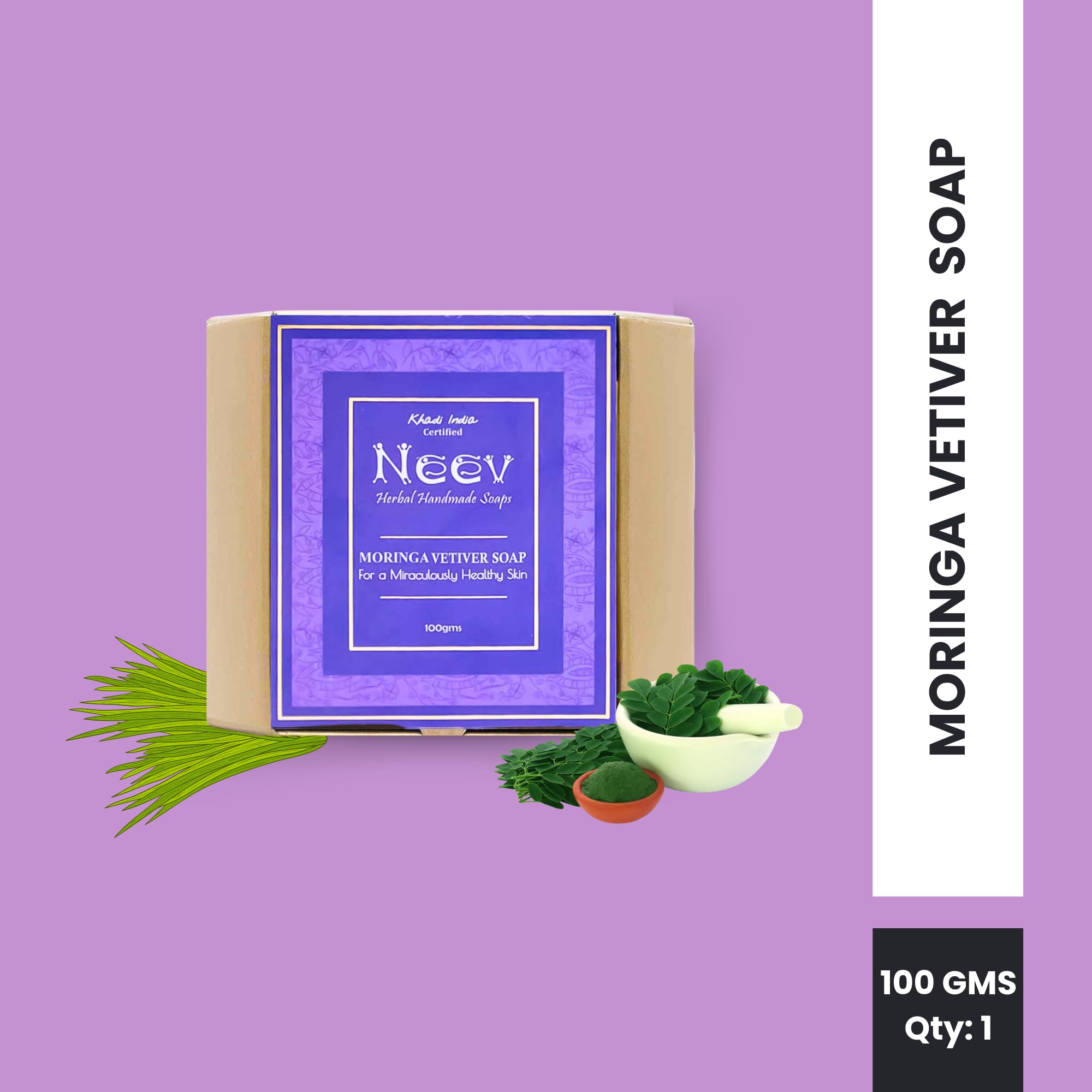 Neev Herbal Handmade Moringa Vetiver Soap - 100g Organic Natural Skincare for Healthy Glowing Skin | Gentle Cleansing for Dry, Sensitive Skin | Perfect for Daily Face & Body Wash
