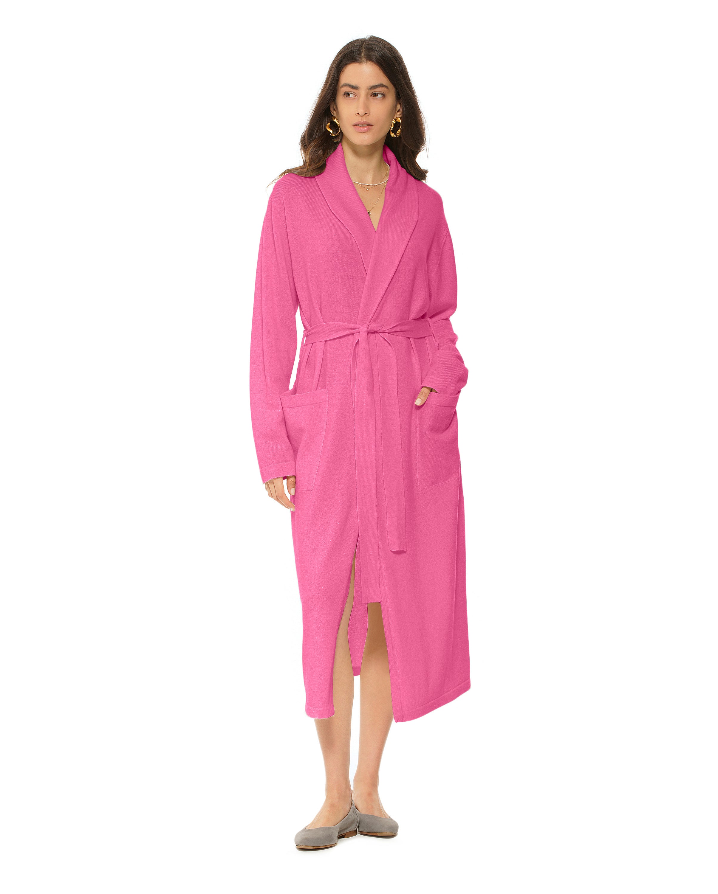 Luxury Women's Pure Cashmere Knit Robe - Soft Fuchsia Pink Winter Bathrobe for Spa, Lounge & Home Relaxation