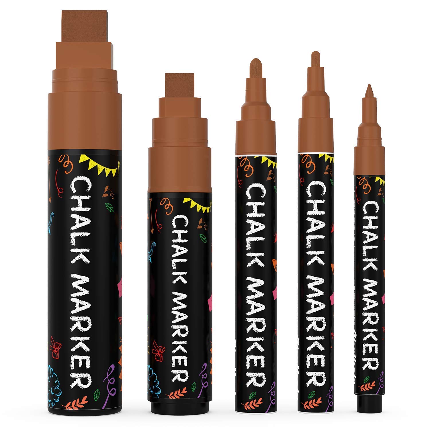 Premium 5-Pack Brown Chalk Markers with Metallic Finish - Ideal for Chalkboard Art, DIY Projects, and Restaurant Menu Boards