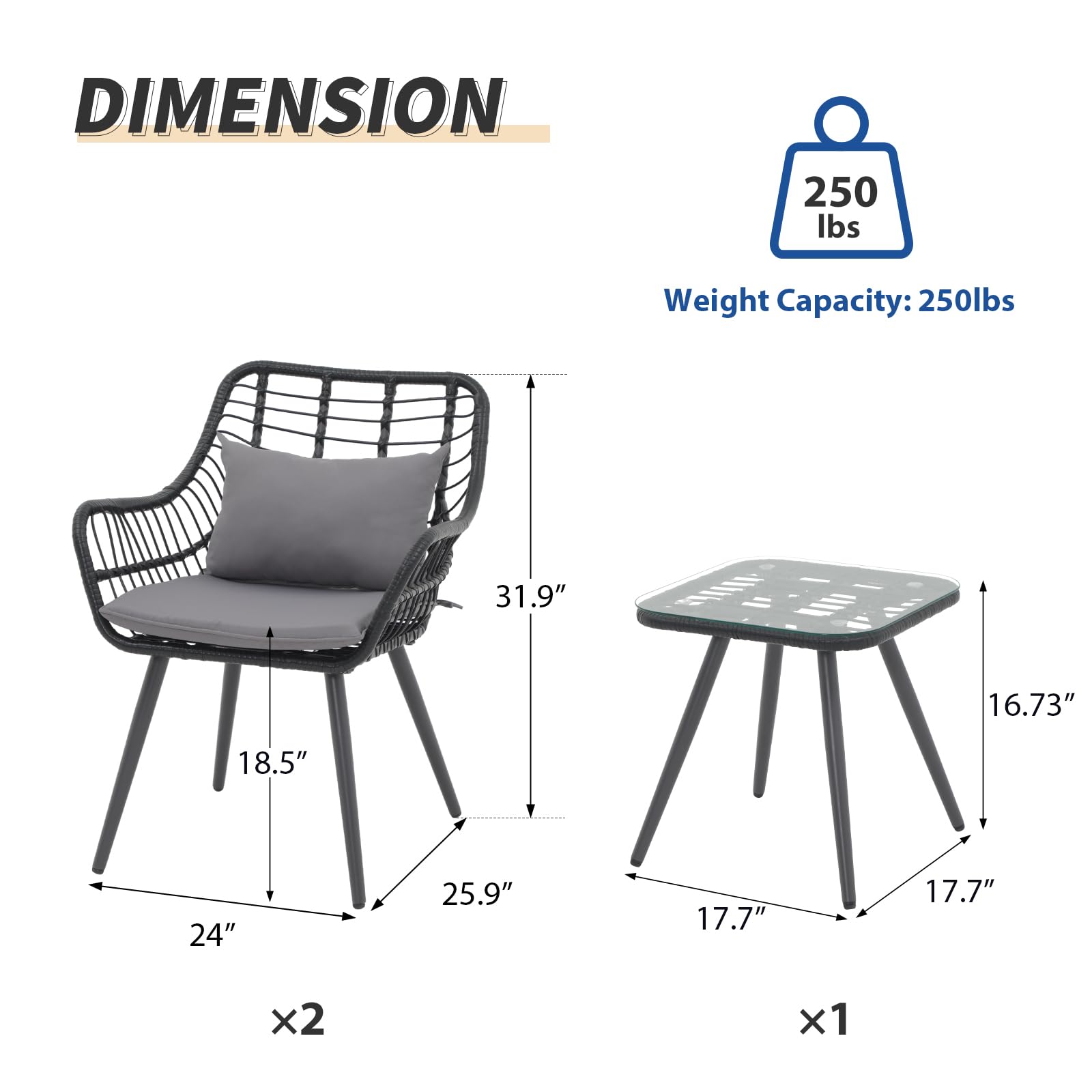 Verano Garden 3-Piece Patio Bistro Set - Outdoor Wicker Conversation Chairs with Cushions & Coffee Table - Perfect for Poolside, Balcony, Garden or Small Patio Furniture