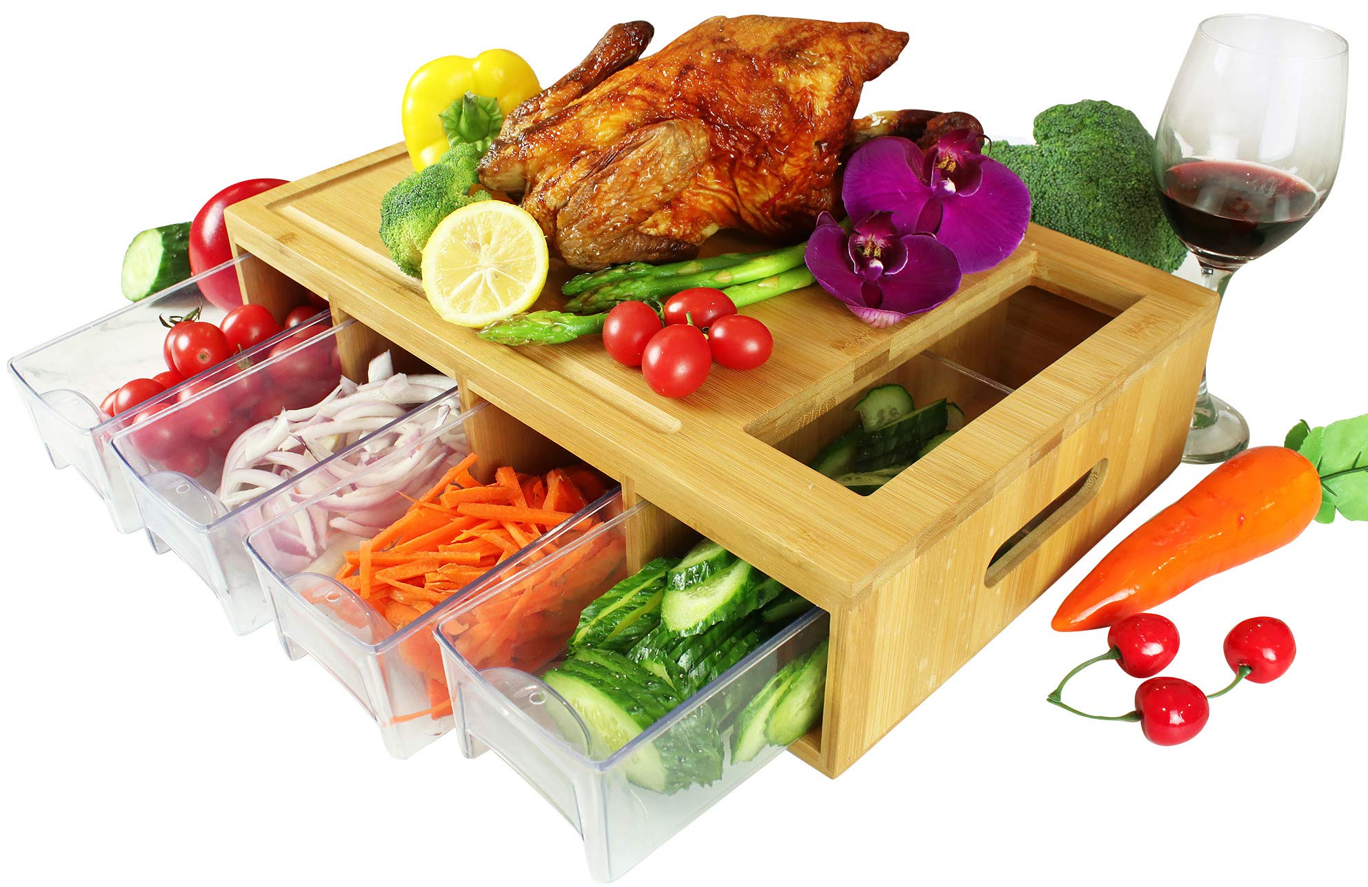 Bamboo Cutting Board with 4 Drawers - Juice Grooves & Handles for Kitchen Prep & Storage
