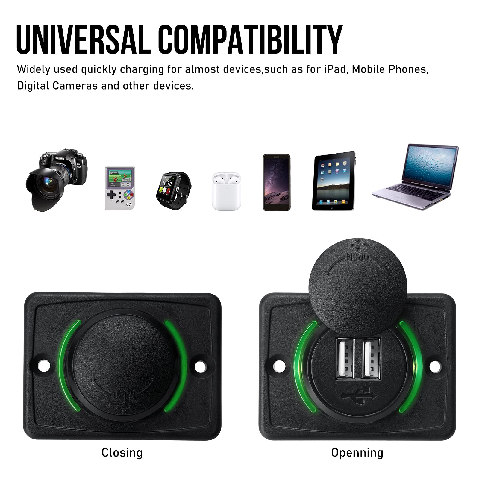 12V RV USB Charger - Dual Port Quick Charge 3.0 Wall Mount Charging Station with LED Indicator & Protective Cap for Car, Camper, Boat, Marine, SUV, ATV (Black) - Perfect for Road Trips & Outdoor Adventures