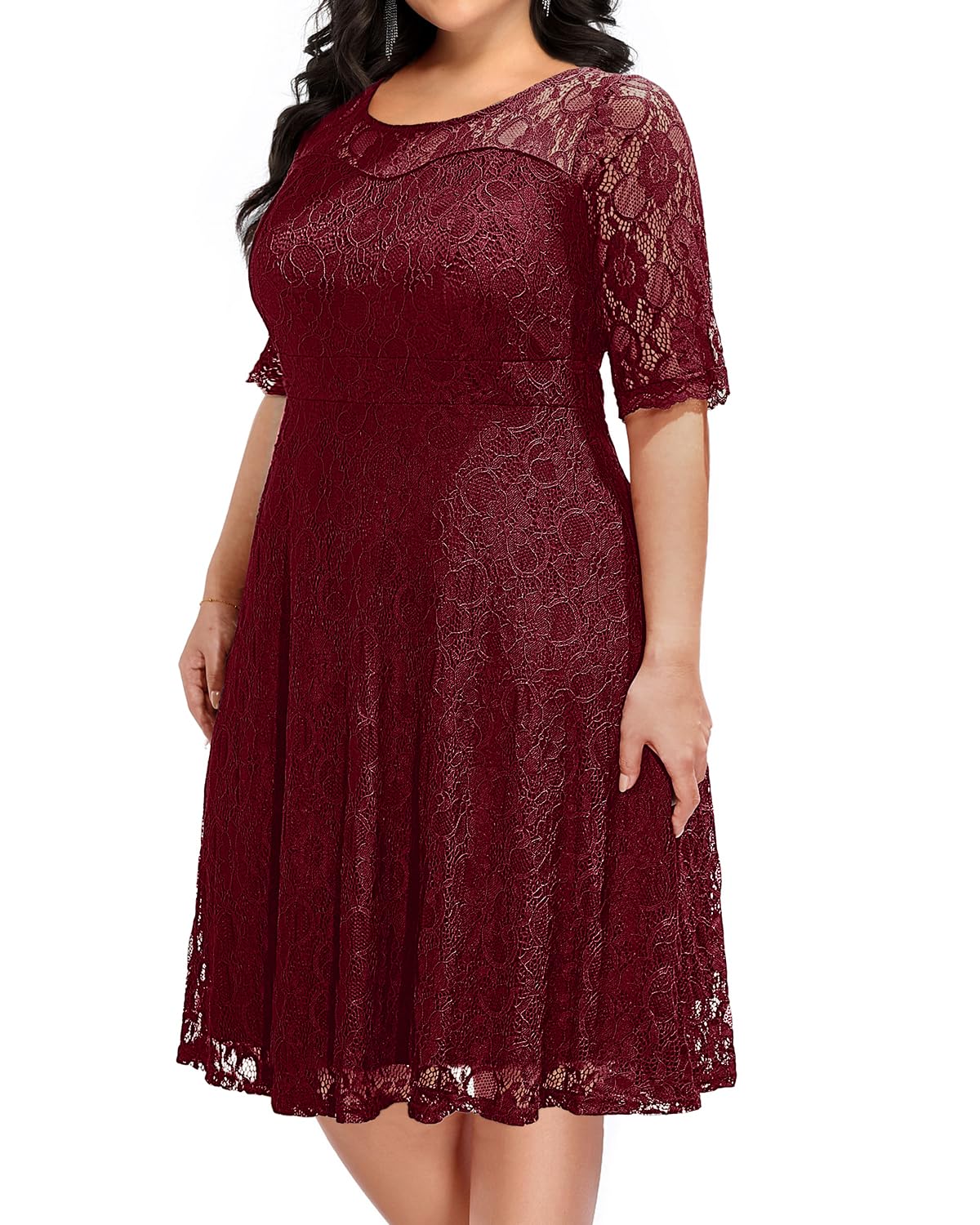 Elegant Plus Size Women's Lace V-Neck Midi Dress for Wedding Guest, Bridal Shower & Cocktail Party | Semi-Formal Occasion Wear | Perfect for Evening Events & Special Celebrations