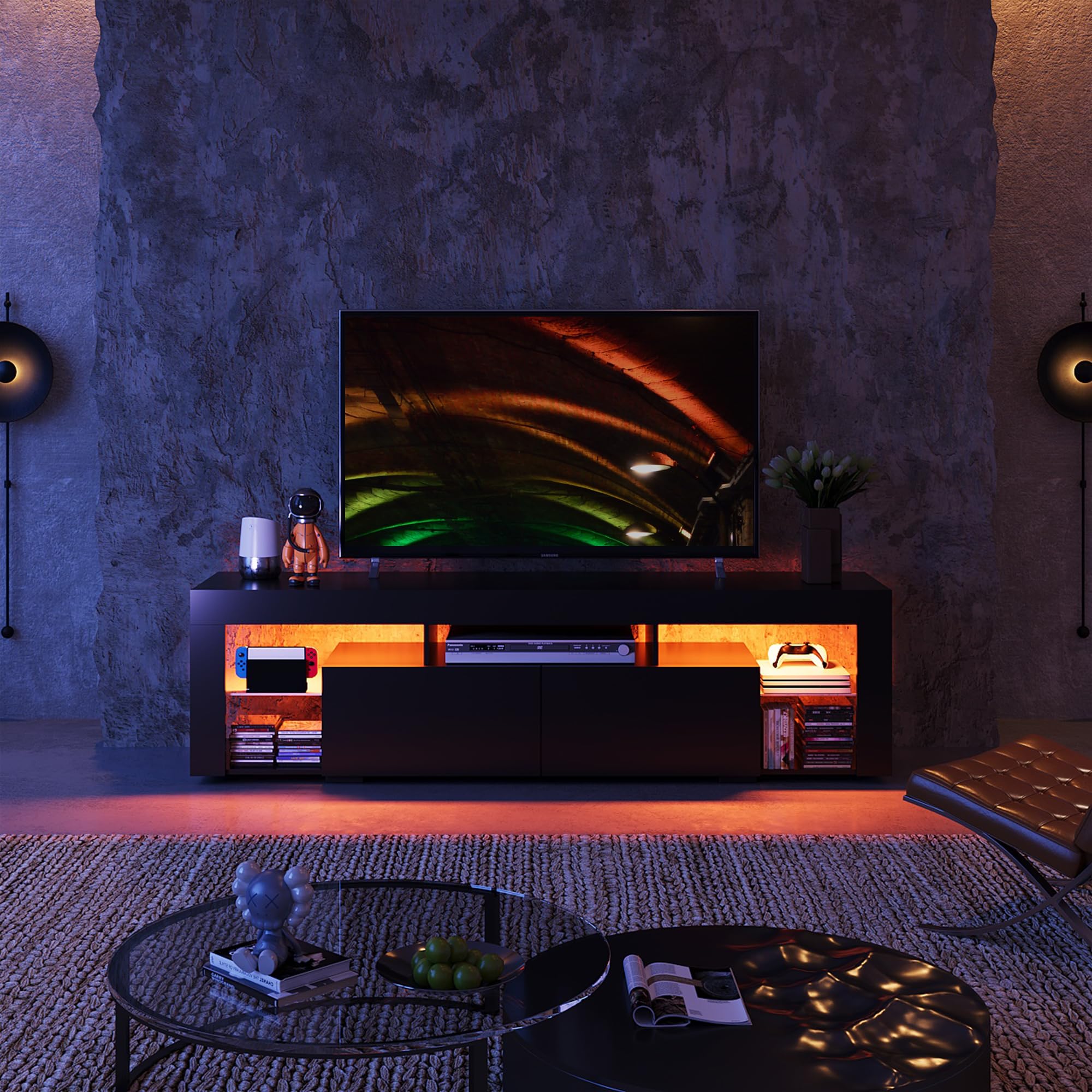WLIVE 63 Inch TV Stand for 60-70 Inch TVs - Modern LED Entertainment Center with 2 Drawers - Black TV Console for Living Room - Perfect for Home Theater & Family Entertainment