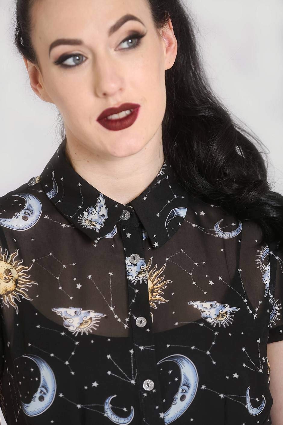 Hell Bunny Solaris Sun Moon Stars Gothic Wicca Chiffon Blouse - Vintage Boho Witchy Top for Women (XS-4XL) | Perfect for Halloween, Steampunk & Pagan Festivals