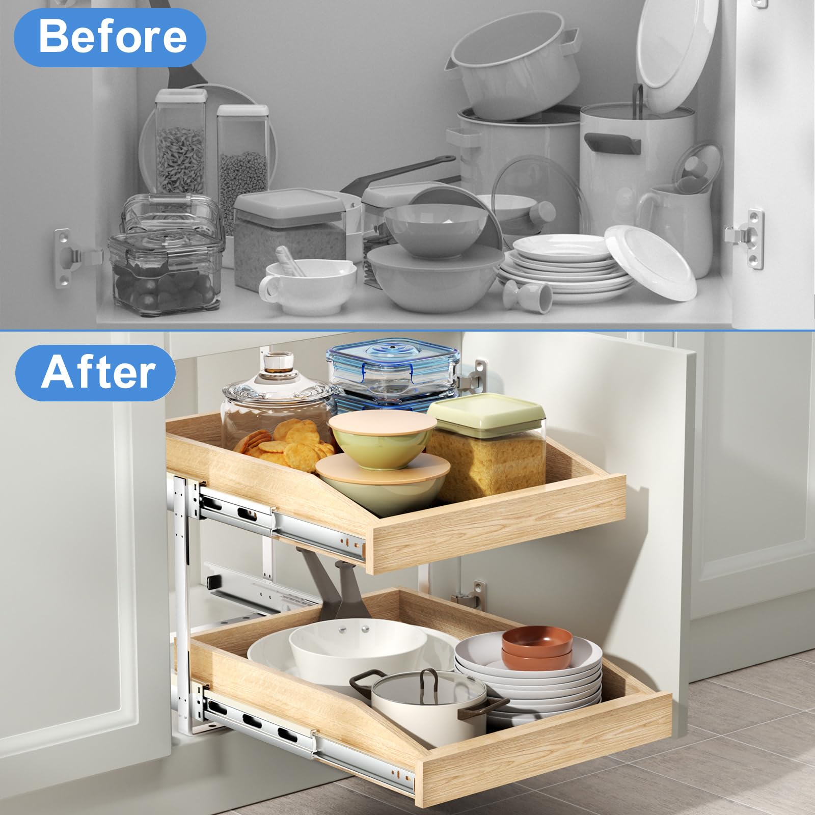 ROOMTEC 2-Tier Pull Out Cabinet Organizer - Double Layer Slide Out Wooden Kitchen Cabinet Organizer with U-Bracket - Under Sink & Pantry Storage Solution (16.5
