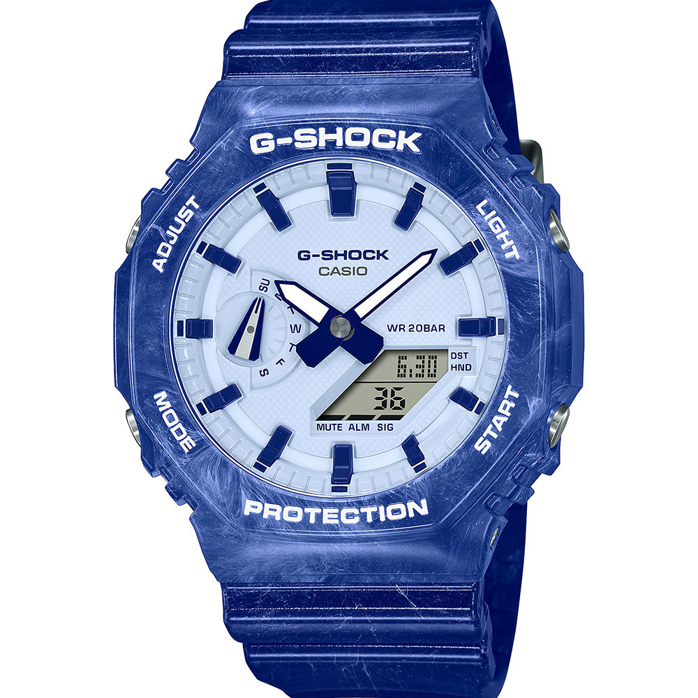 Casio G-Shock GA2100BWP-2A Analog-Digital Blue & White Pottery Watch - Durable, Water-Resistant for Outdoor, Sports & Casual Wear