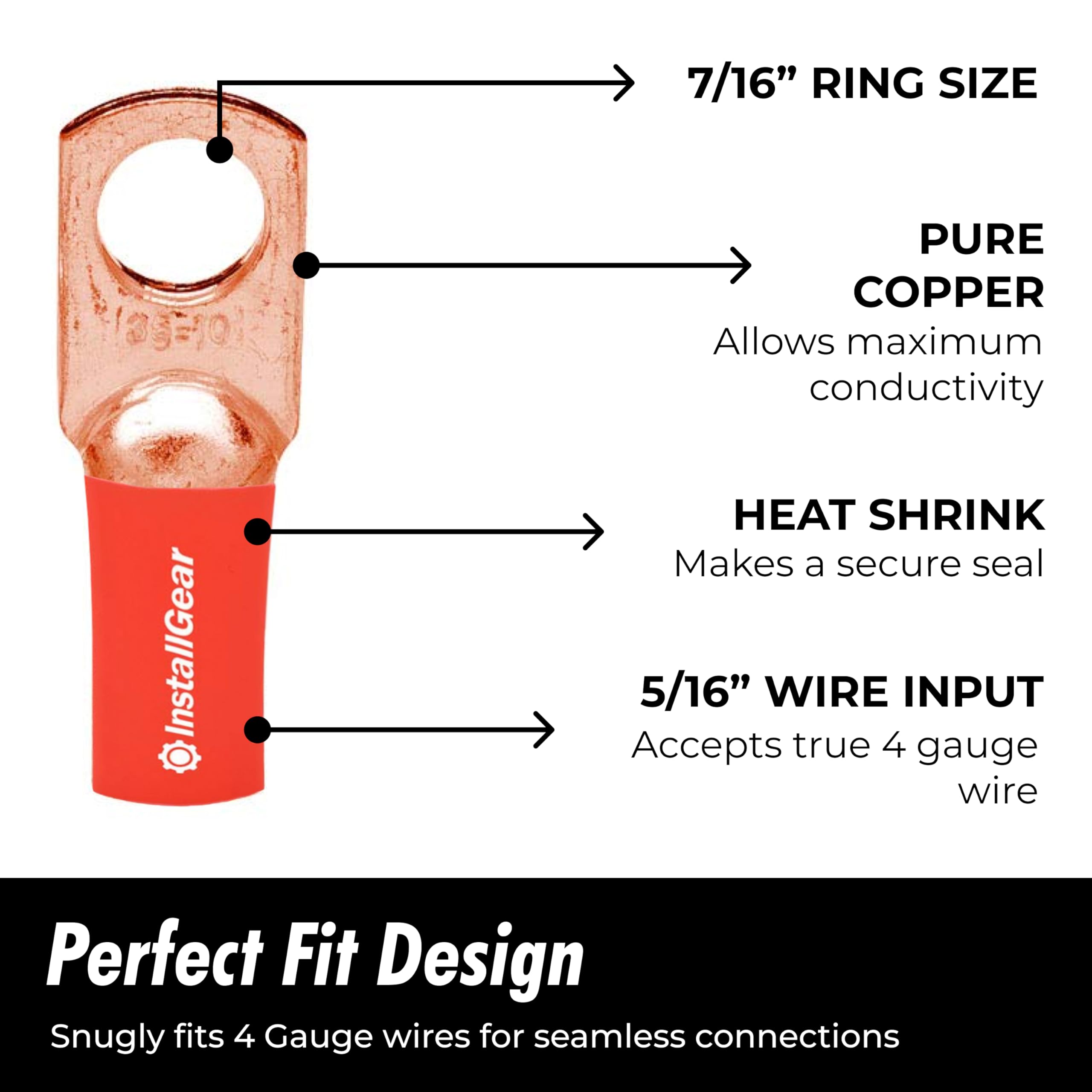 InstallGear 4 Gauge AWG Pure Copper Ring Terminals with Heat Shrink (10 Pack) - Heavy Duty Electrical Connectors for Car Audio, Marine, Solar & Battery Wiring - Secure 4 Gauge Wire Terminals for Reliable Power Connections
