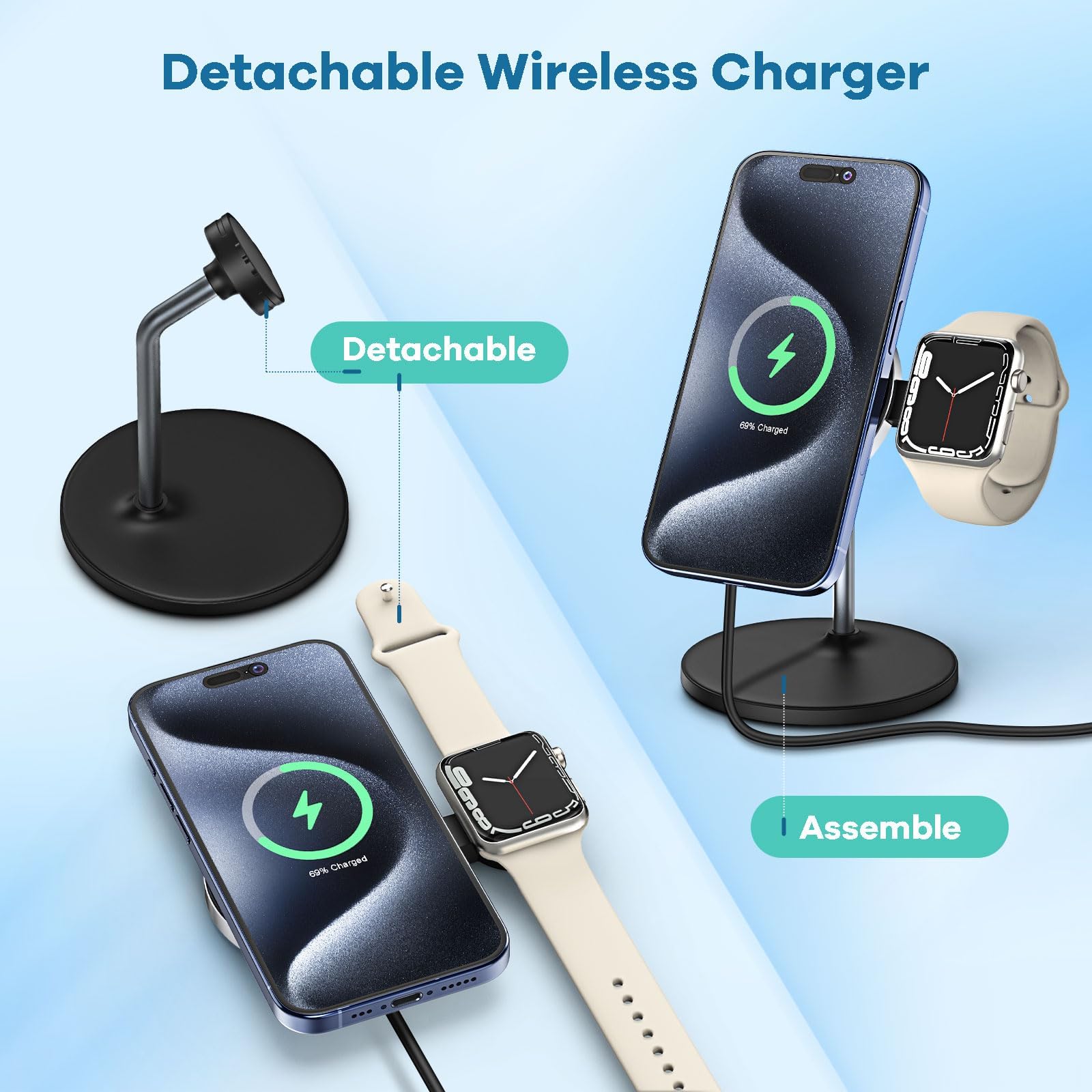 2 in 1 Magnetic Wireless Charger Stand - 15W Fast Charging Station for iPhone 16/15/14/13/12 Series & Apple Watch | Includes PD 25W Adapter | Perfect for Home, Office & Travel Charging Needs