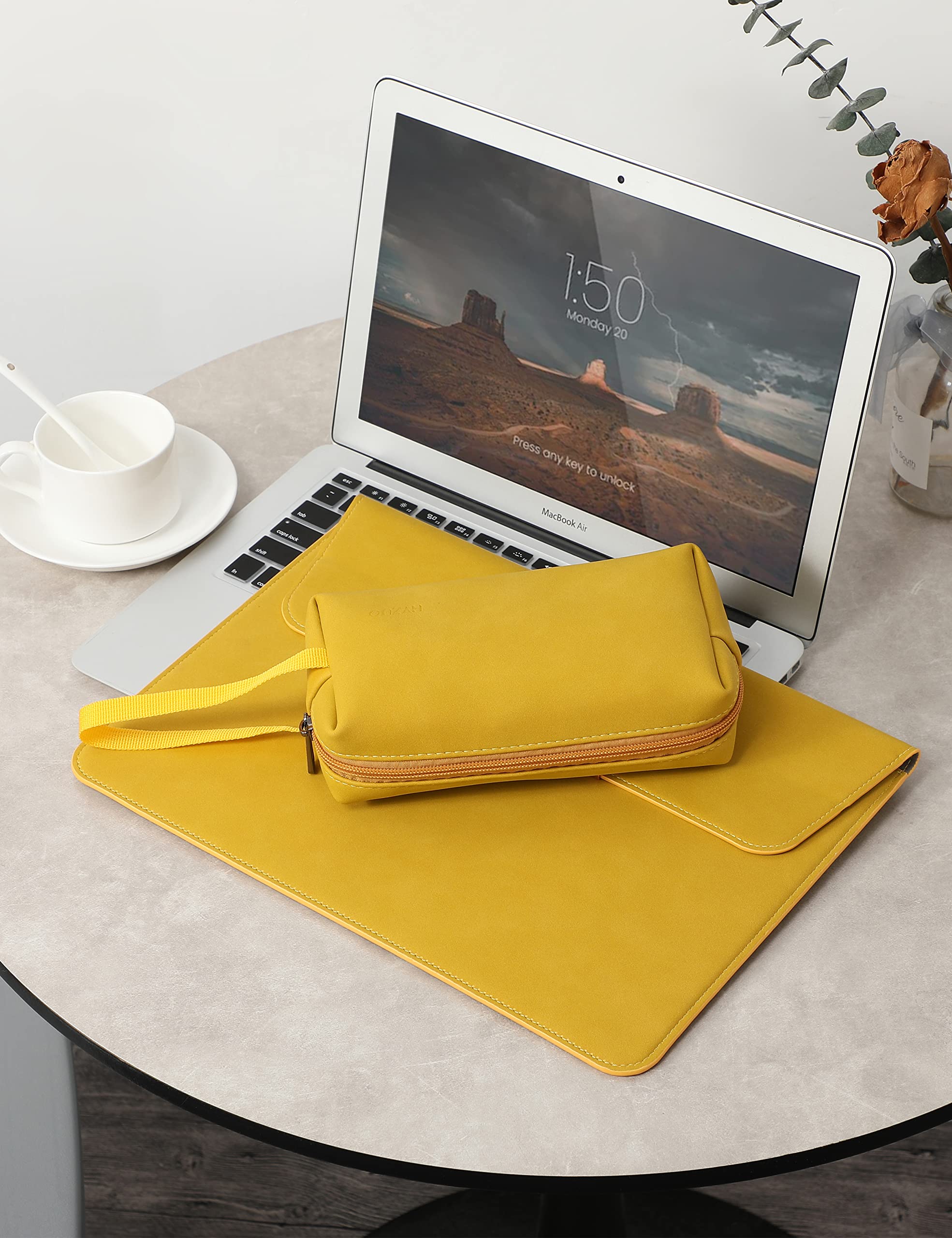 HYZUO 15-16 Inch Laptop Sleeve Case with Stand - Compatible with MacBook Pro 16 M1 Pro/Max A2485 A2141 2019-2022, MacBook Pro 15 2012-2019, Surface Laptop 15 - Protective Carrying Case with Accessory Bag (Olive Yellow) for Work, Travel & School