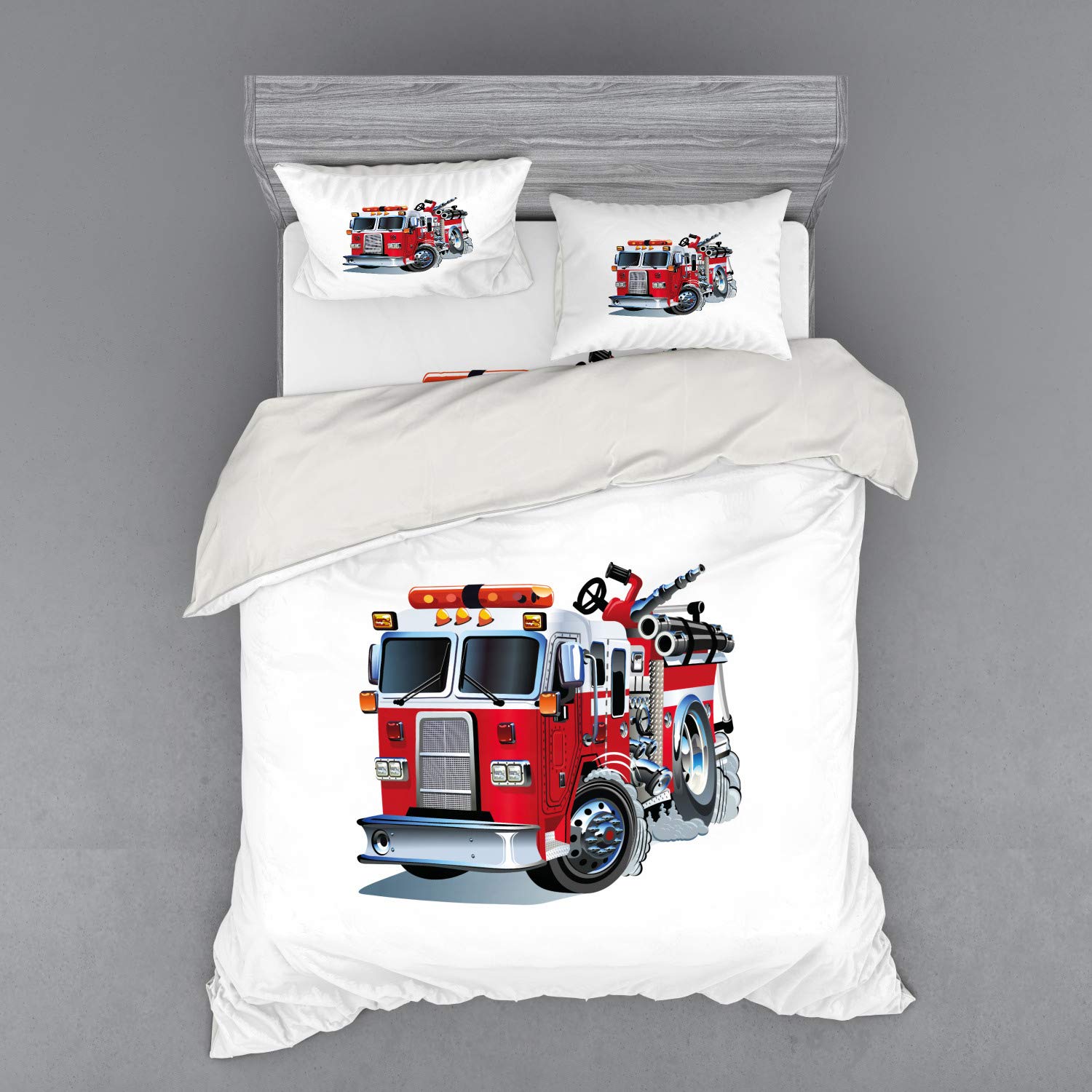 Ambesonne Truck Themed Bedding Set - 4 Piece Duvet Cover with Shams & Fitted Sheet, Queen Size, Grey Red - Brigade Vehicle Emergency Aid Design for Public Transportation Lovers | Perfect for Truck Enthusiasts' Bedrooms, Dorm Rooms, and Themed Guest Rooms