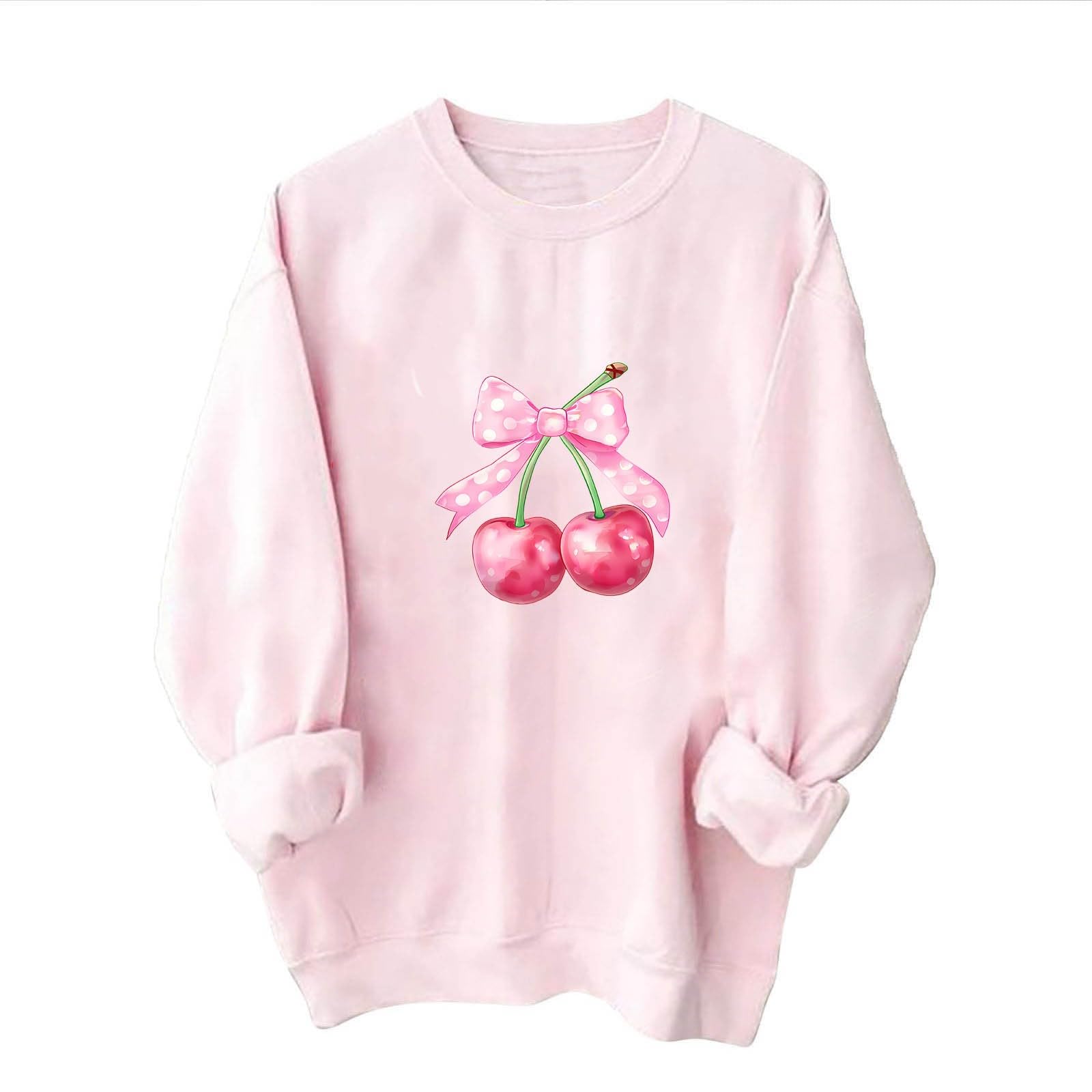 Women's Akklian Cute Cherry Bow Print Oversized Sweatshirt - Long Sleeve Kawaii Pullover Loose Fit Preppy Teen Girl Pink Top for Casual Outings & Cozy Evenings