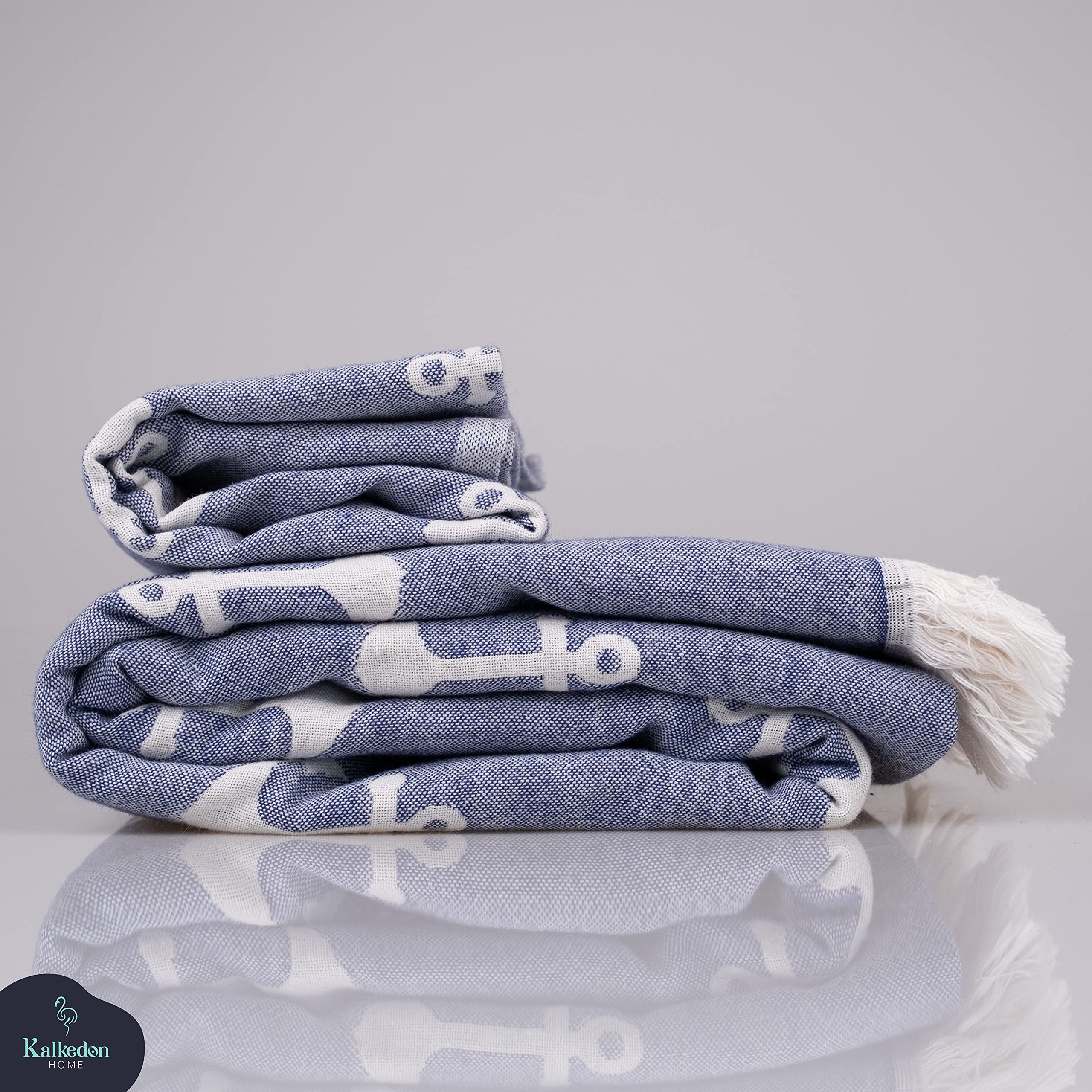 Double Sided Anchor Sand Free Beach Towel - Premium Organic Turkish Cotton Sarong & Peshtemal - Multi-Purpose Beach Blanket, Bath Towel & Hand Towel Set (White & Blue) - Perfect for Beach Vacations, Poolside Lounging & Spa Days
