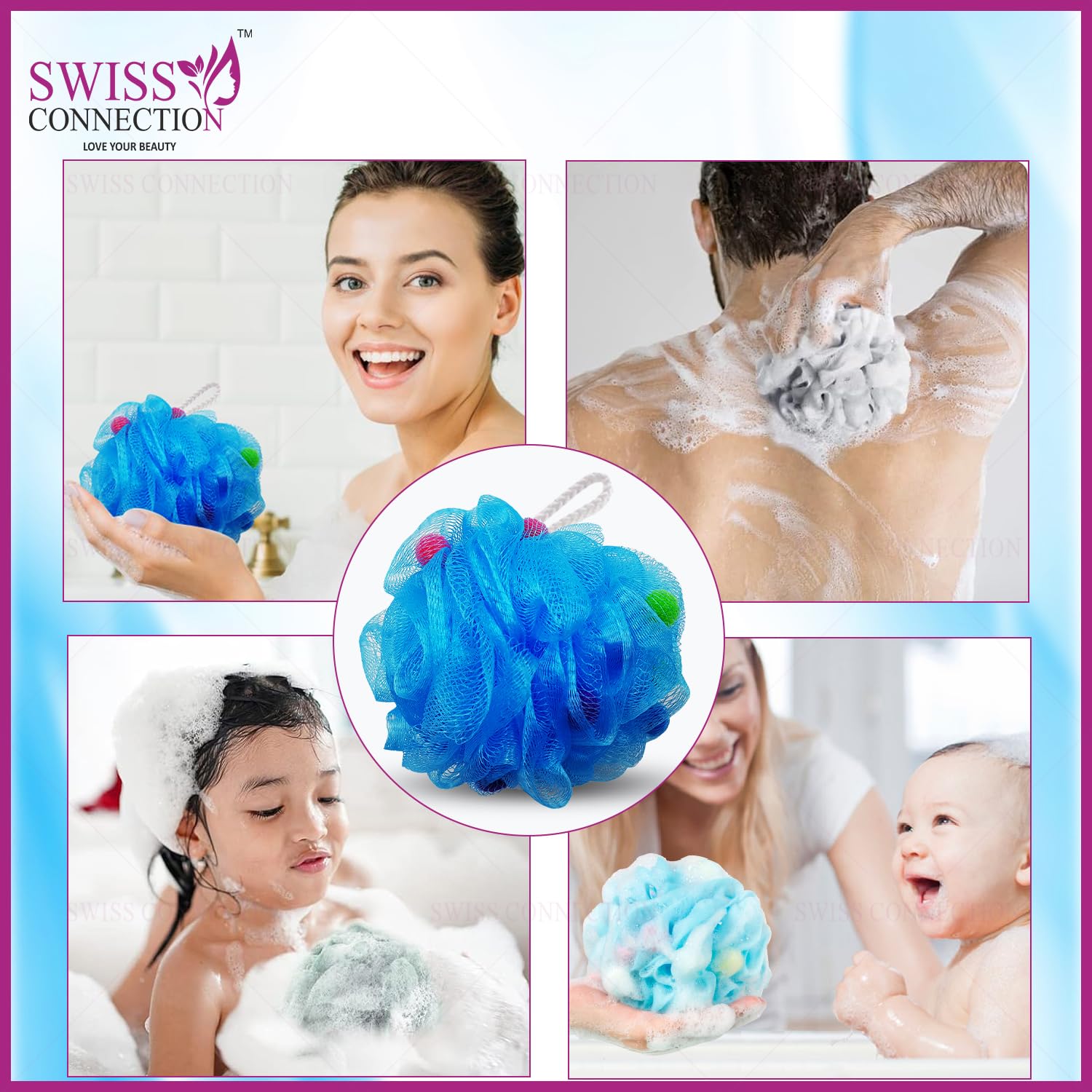 Swiss Connection Exfoliating Loofah with Active Spheres - Round Body Scrubber for Shower & Bath, Back Scrubber, Bath Accessories (2-Pack, Multicolor) - Perfect for Gentle Skin Exfoliation & Spa-Like Experience at Home