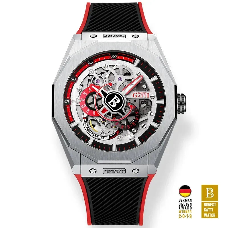 BONEST GATTI Men's Luxury Automatic Skeleton Mechanical Watch - 50M Waterproof, Luminous Hands, Sapphire Crystal, 42-Hour Power Reserve - Perfect for Business, Formal Events & Daily Wear