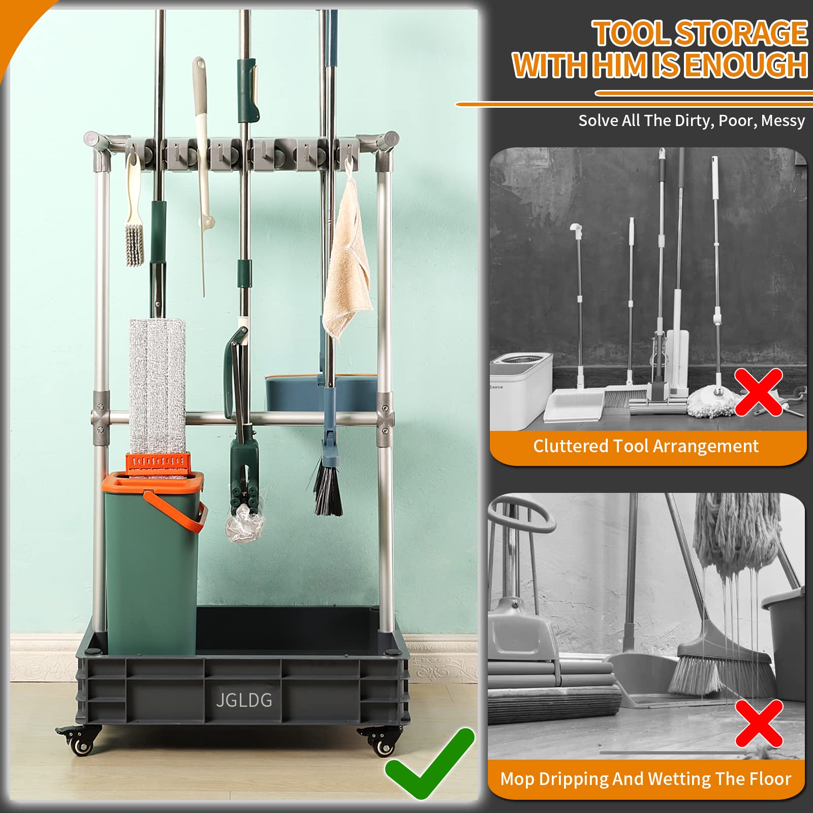 Heavy-Duty Rolling Broom Mop Holder - Wall Mounted Cleaning Supplies Organizer with Wheels for Janitor Carts & Housekeeping Stations - Ideal for Garage, Garden, Closet & Cabinet Storage - Perfect for Home, Office & Commercial Cleaning Organization