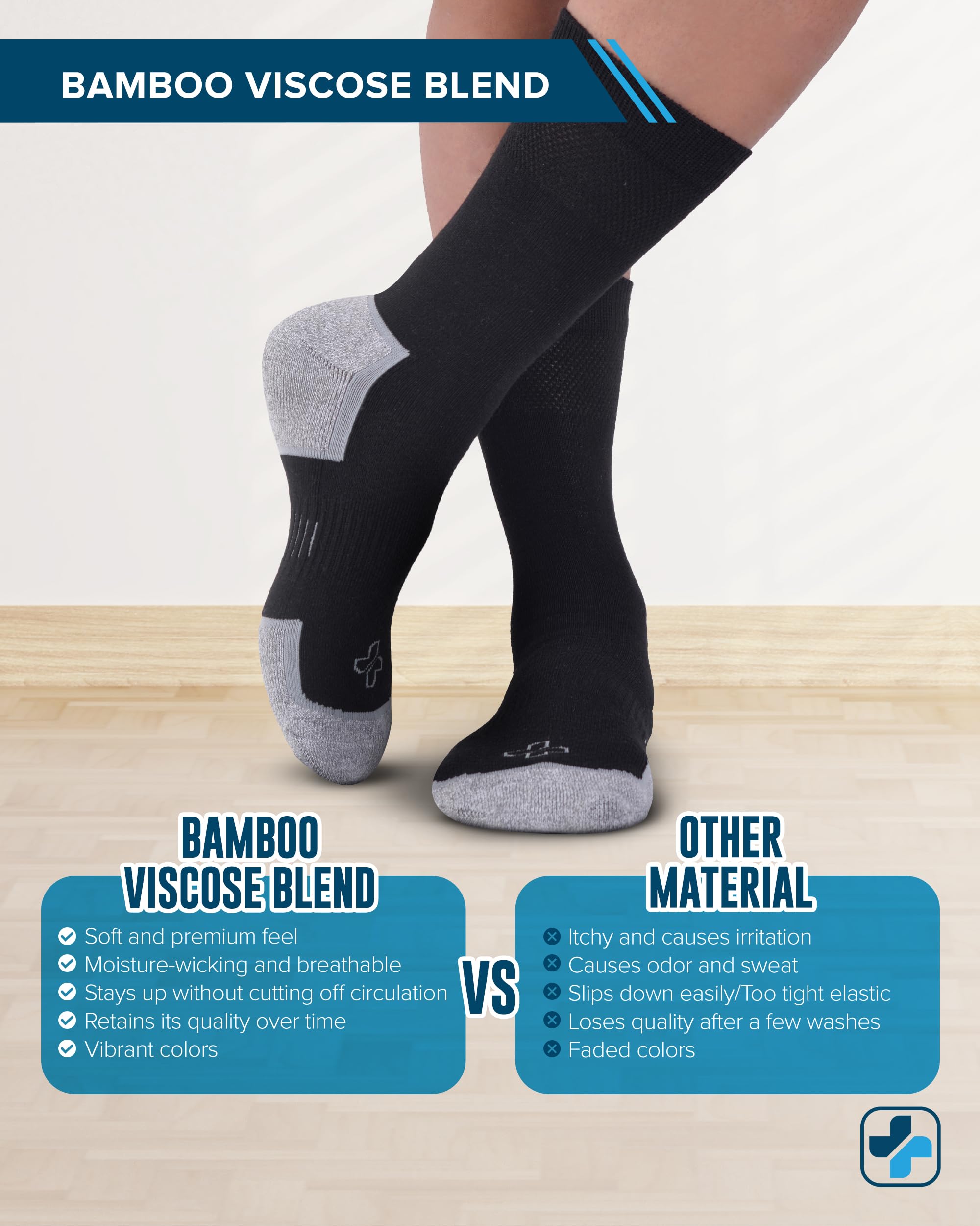 Doctor's Select Bamboo Viscose Diabetic Socks for Men - 3 Pairs Crew Socks for Neuropathy & Circulation | Breathable Comfort for Diabetic Foot Care | Ideal for Daily Wear, Work & Travel