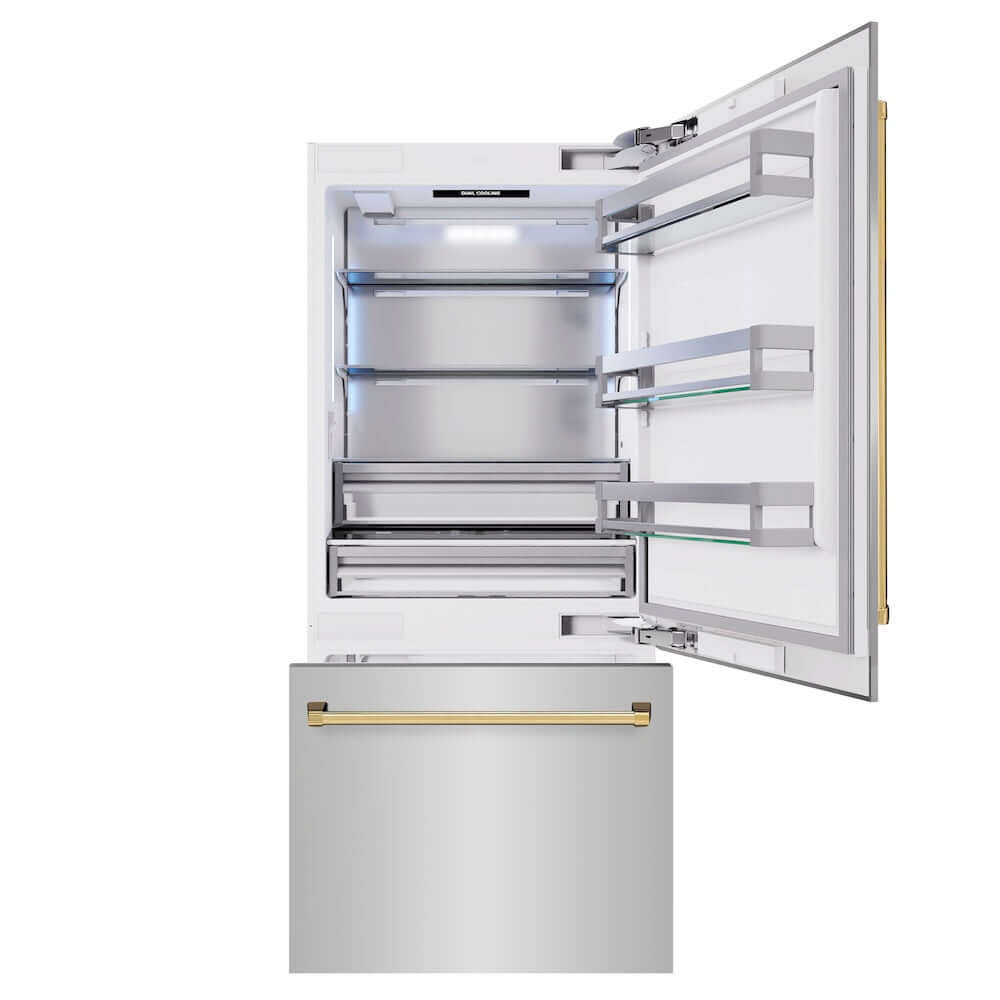 ZLINE Autograph Edition 36 Inch Built-In Bottom Freezer Refrigerator - 19.8 cu.ft Stainless Steel with Polished Gold Accents, Water Dispenser & Ice Maker (RBITZ 304 36G) - Perfect for Modern Kitchens, Open Concept Homes & Luxury Condos