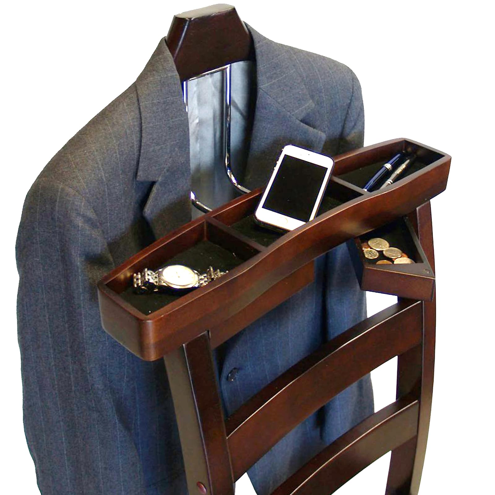 Gentleman's Valet Chair with Top Tray & Drawer - Wooden Suit Valet Stand for Men | Closet Organization, Wardrobe Storage & Office Chair with Hanger | Perfect for Bedroom, Dressing Room & Home Office Organization