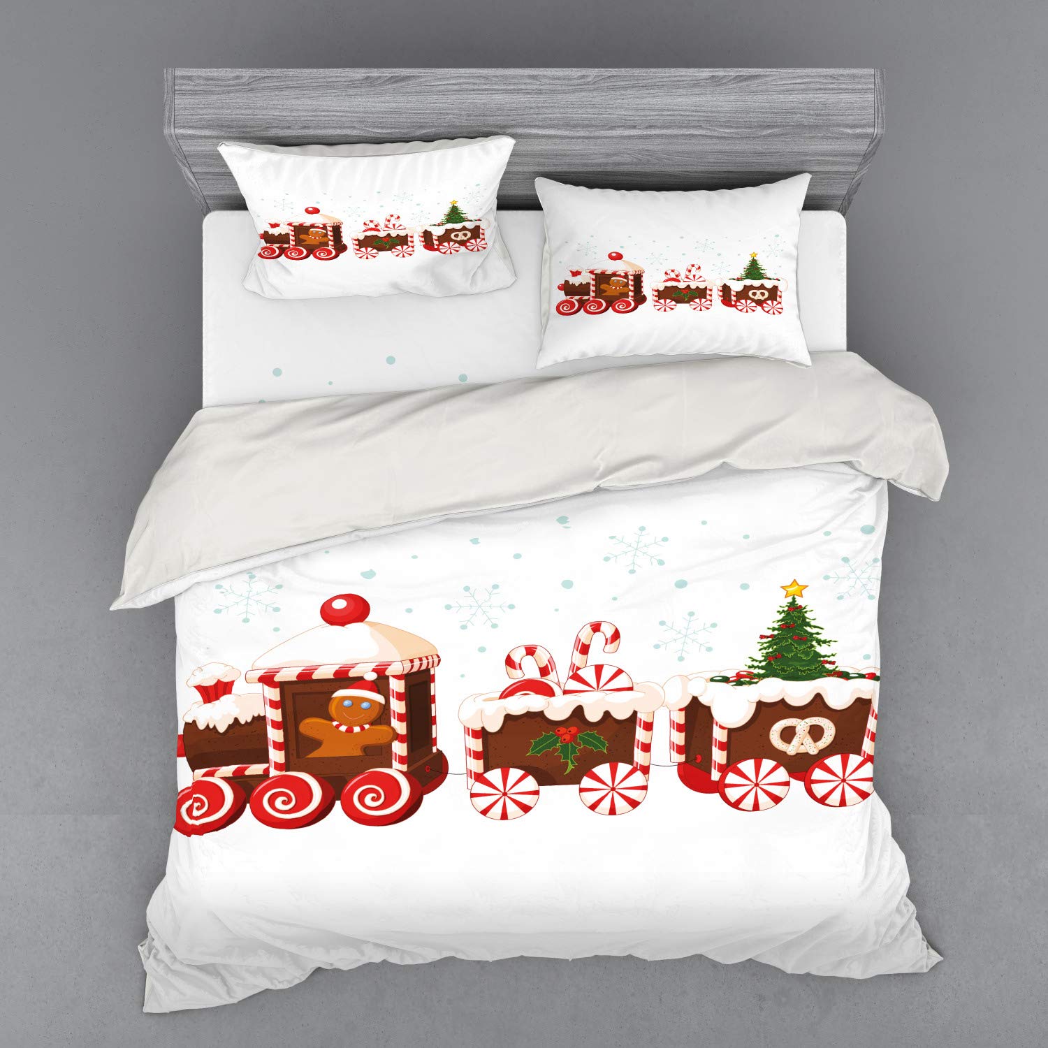 Ambesonne Christmas Train Gingerbread Candy Cartoon Bedding Set - 4 Piece Duvet Cover with Shams & Fitted Sheet, King Size, White Brown Red - Holiday Home Decor for Bedroom, Guest Room & Christmas Themed Parties