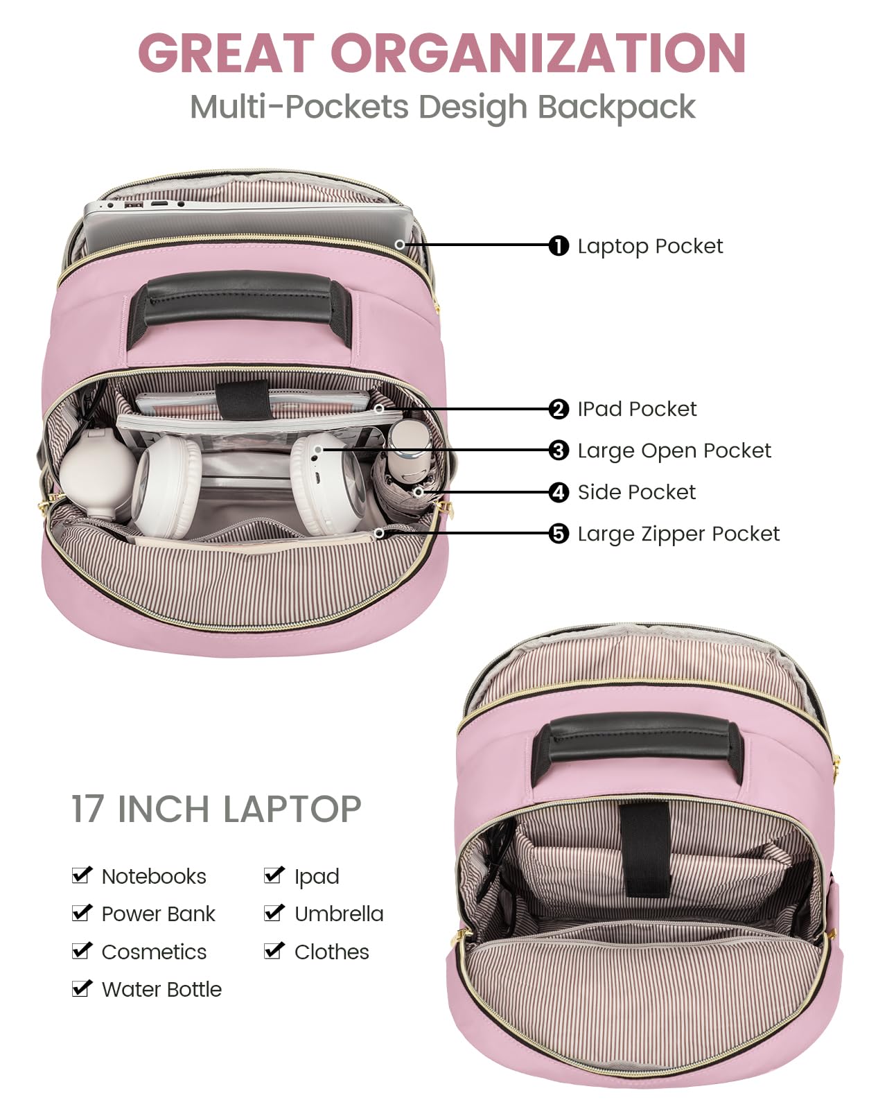 LOVEVOOK Light Pink Laptop Backpack for Women - Stylish 17-inch Travel Computer Bag, College School Backpack for Girls & Teens, Durable Outdoor Carry On Backpack Purse for Work, Study, and Daily Commute