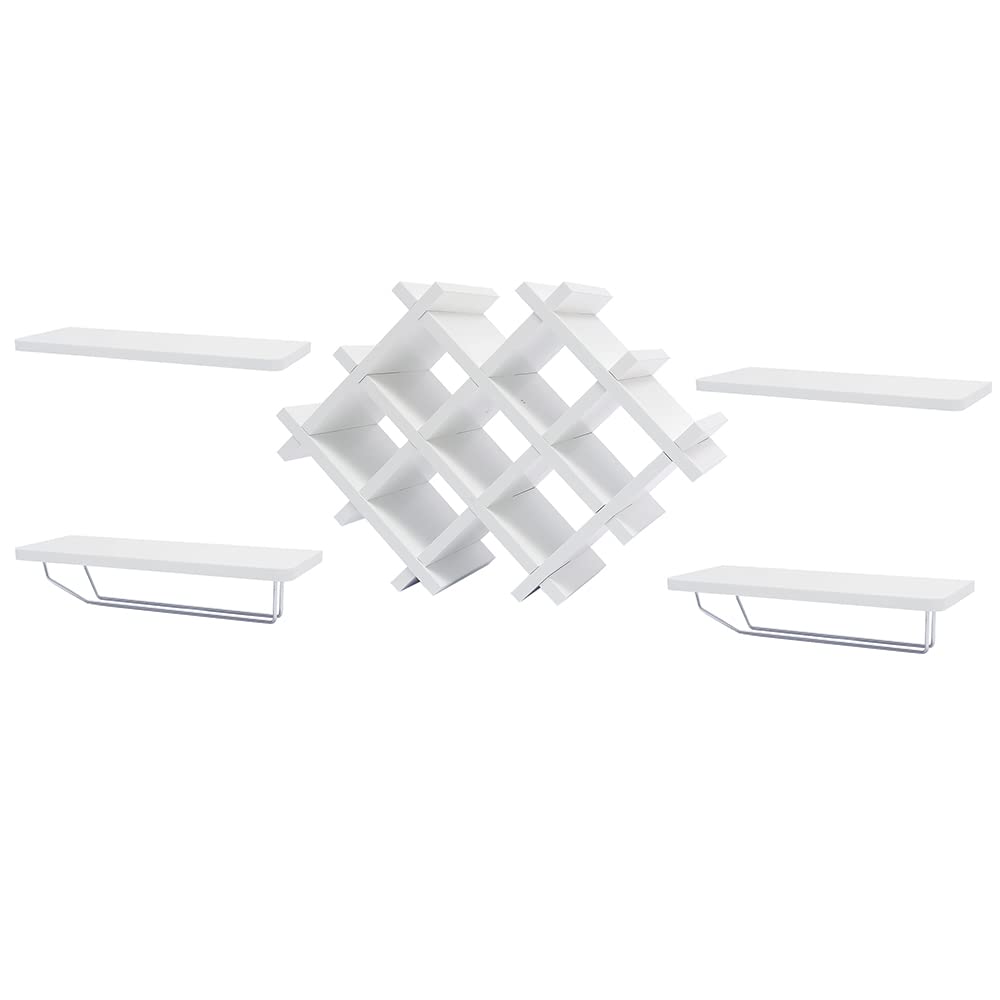 Set of 5 White Wall Mounted Wine Rack with Storage Shelves & Glass Holder - Perfect for Champagne, Red & White Wine Organization in Kitchen, Bar or Dining Room
