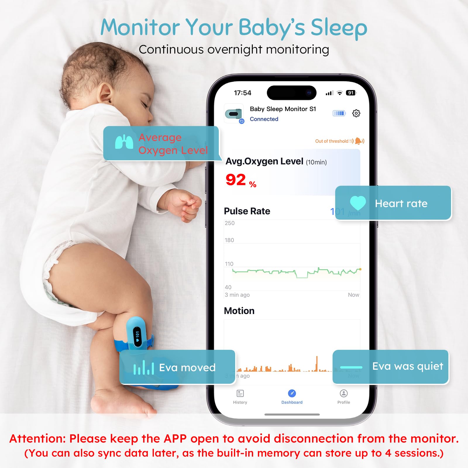 Babytone Baby Oxygen Monitor & Sleep Tracker - Wearable Foot Monitor with Bluetooth App for Newborns 0-36 Months - Tracks O2 Levels, Pulse Rate & Movement - Ideal for Nighttime Monitoring & Peace of Mind (New Sock Version)