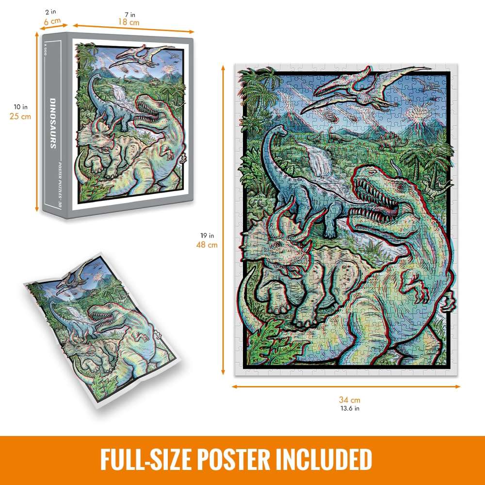 500 Piece Dinosaur 3D Jigsaw Puzzle for Adults & Kids - Educational STEM Toy for Family Game Night & Classroom Activities