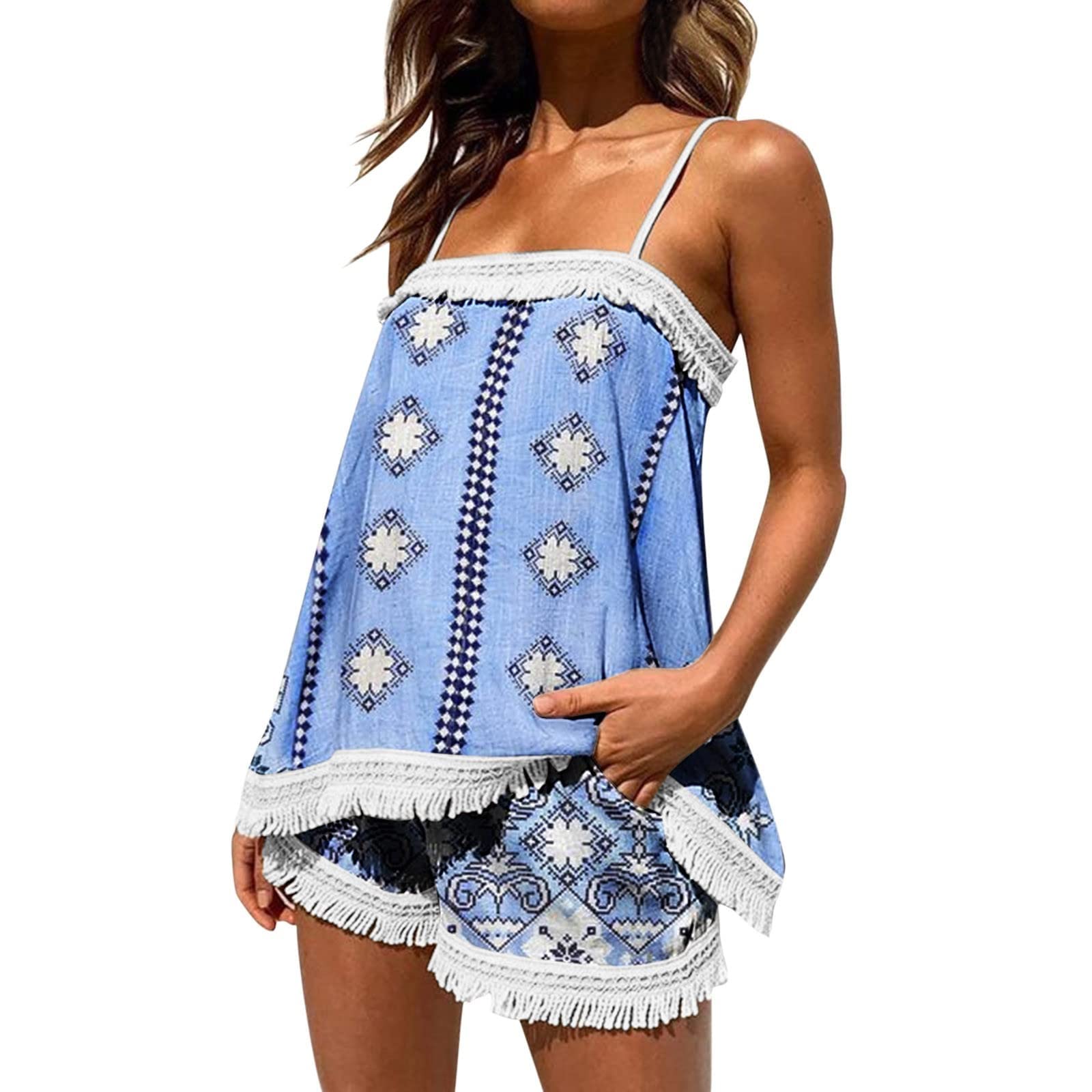 Women's 2-Piece Pajama Set - Floral Print Tassel Cami Top & Shorts | Summer Loungewear | Loose Fit Sleepwear | Beach Cover Up | Comfortable Nightwear for Women | Perfect for Sleep, Lounge & Vacation
