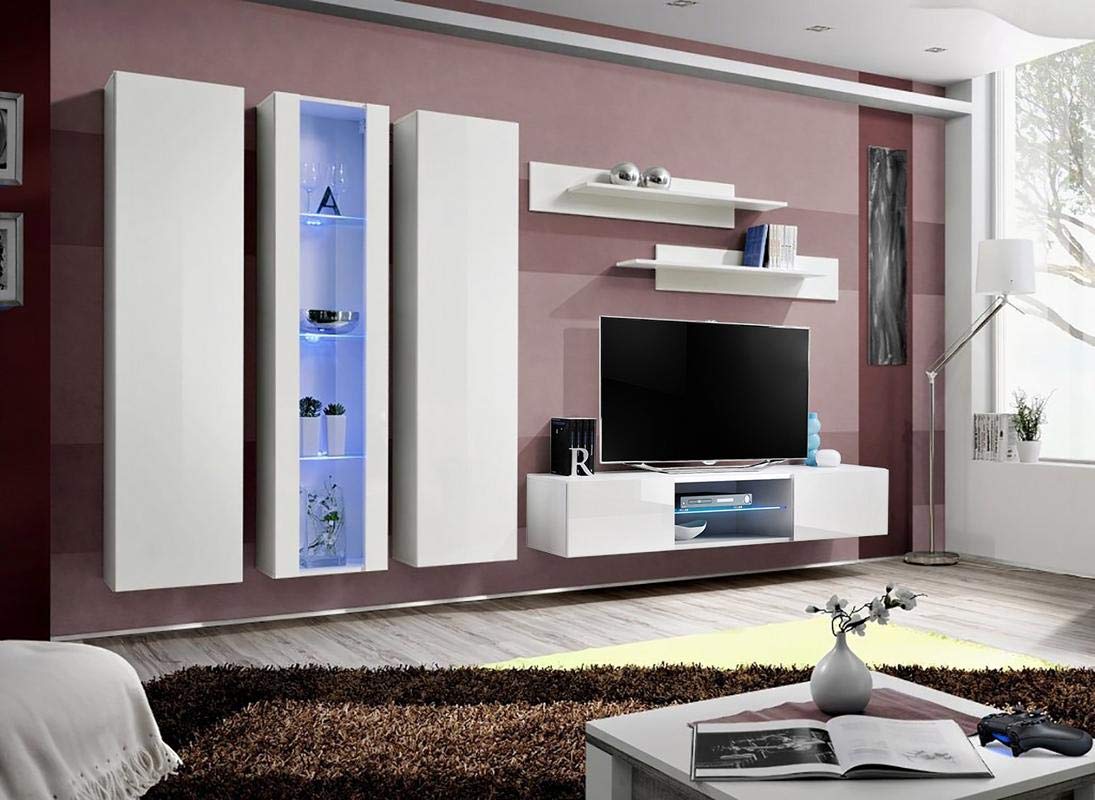 Modern White Wall-Mounted TV Stand with Storage Shelves & LED Lights - 33