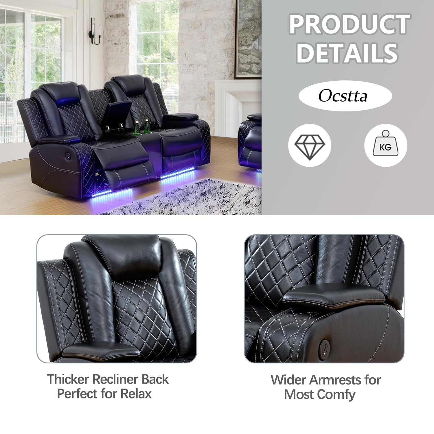 Premium Power Reclining Leather Sofa Set with LED Lights, USB Ports & Cup Holders - 3-Piece Living Room Furniture Set in Black - Perfect for Home Theater, Gaming & Family Relaxation