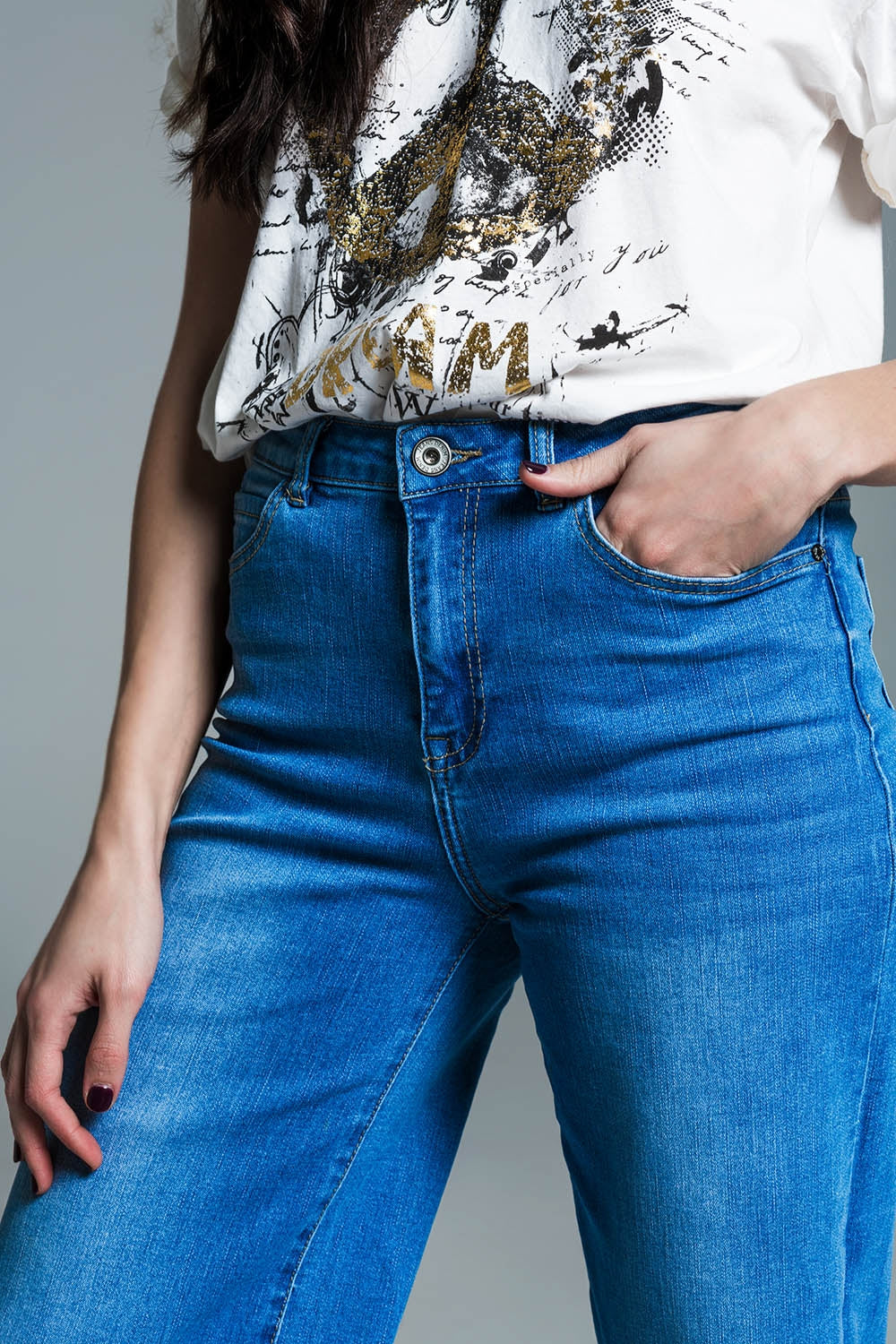 Medium Wash Jeans Style Palazzo Pants with Double Stitched Hem - Perfect for Casual Outfits & Boho Chic Looks