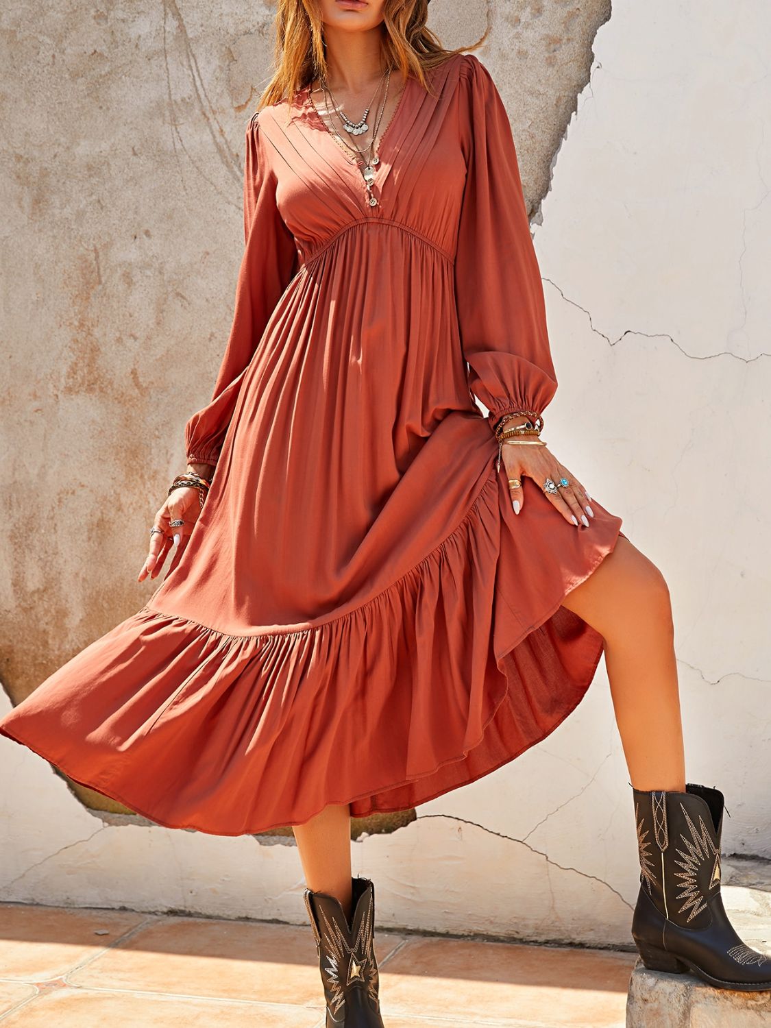 Elegant Ruched V-Neck Long Sleeve Midi Dress for Women - Perfect for Office, Party & Special Occasions