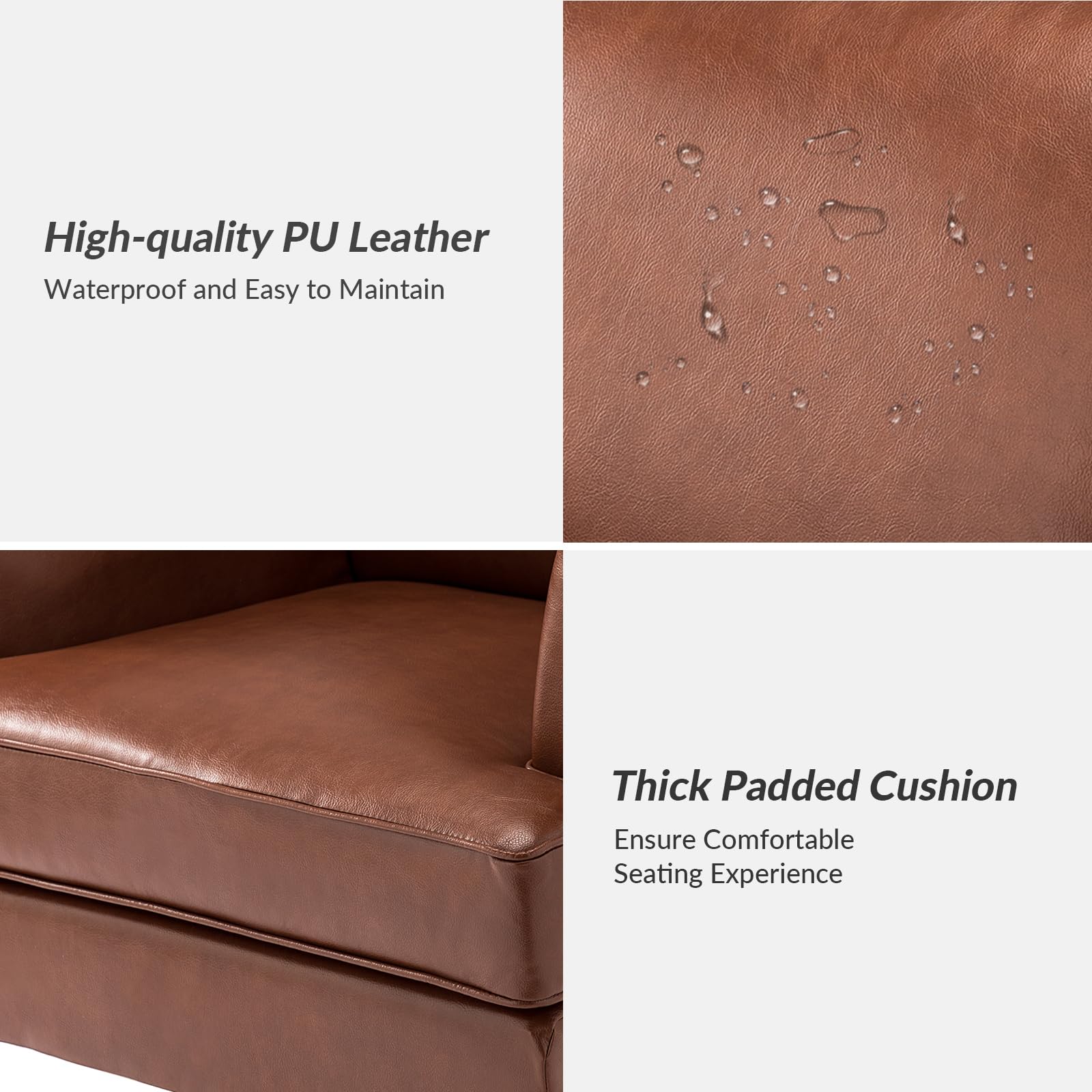 HULALA HOME Modern Faux Leather Accent Chairs Set of 2 - Upholstered Living Room Armchairs with Nailhead Trim & Wood Legs - Comfy Sofa Chairs for Bedroom, Office or Lounge (Brown)