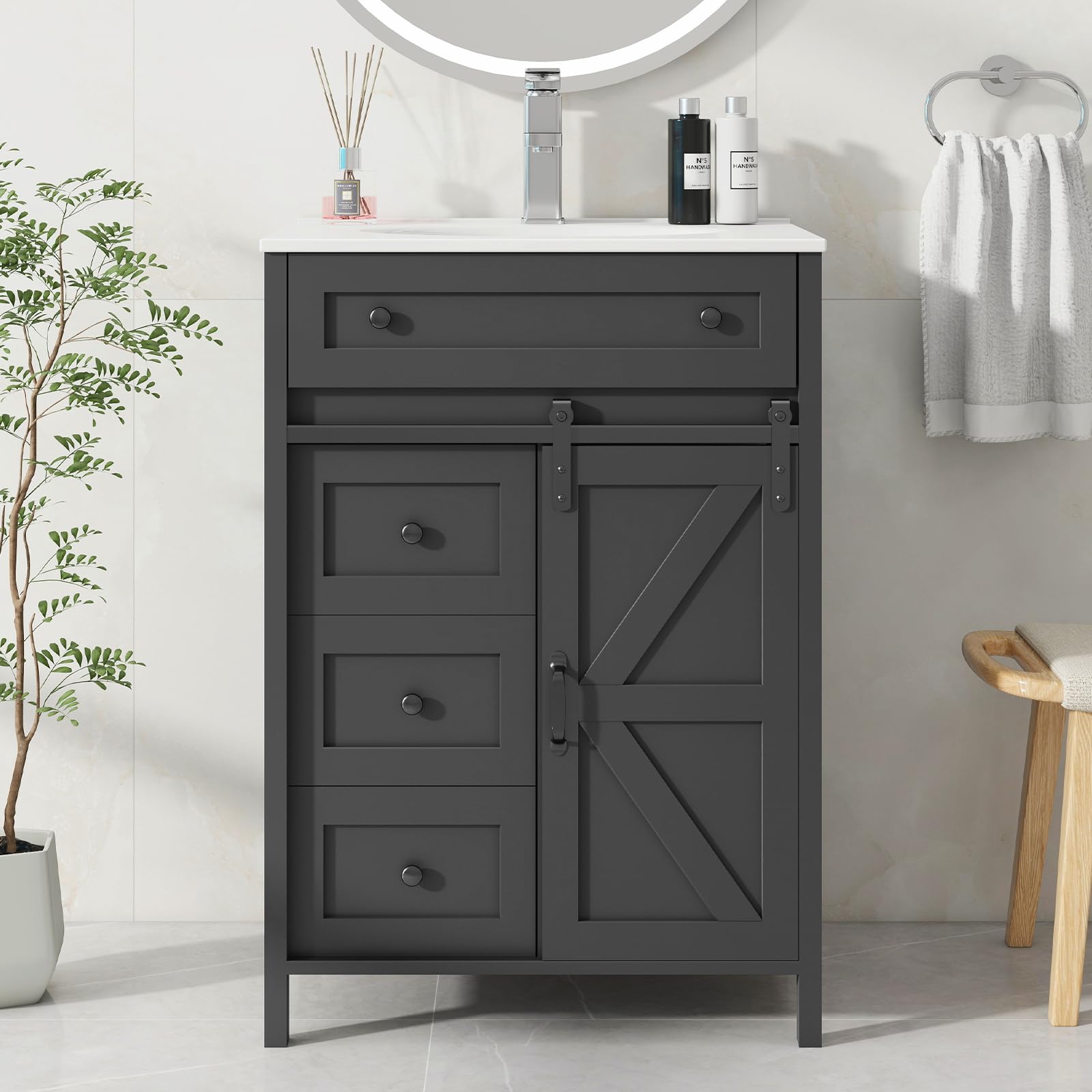 Vabches Freestanding Bathroom Vanity Set with Sink & Matte Silver Faucet - 36 Inch Bath Storage Cabinet with Sliding Doors, Drawers & Countertop - Modern Grey Bath Vanity for Small Spaces, Powder Room or Master Bath Remodel