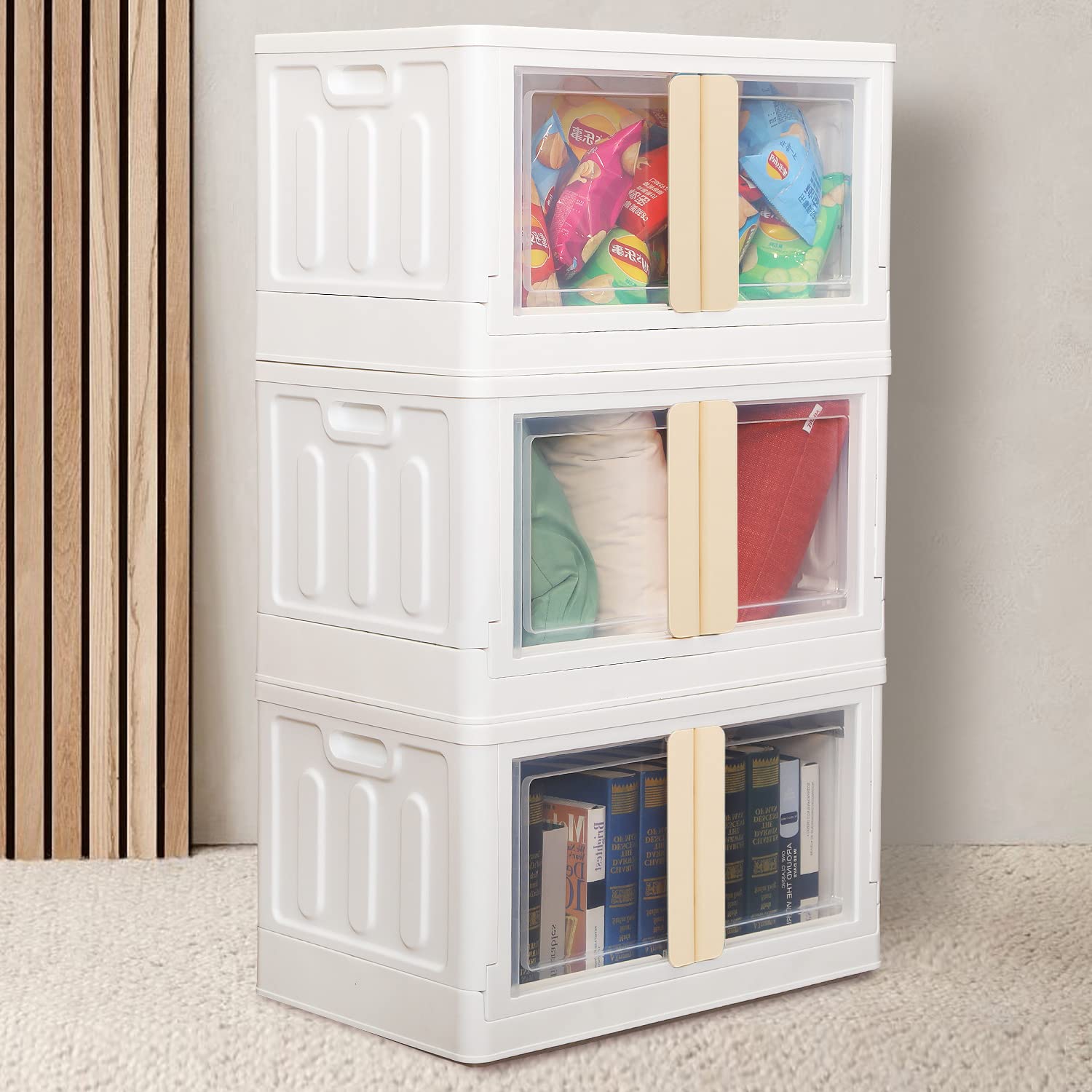 Yeetou 3-Pack Stackable Plastic Storage Bins with Lids - 8.5 Gallon (34 Quart) Foldable Collapsible Storage Containers with Wheels & Doors - Large Closet Organizers for Bedroom, Garage, Office & Home Organization - Space Saving Storage Solutions for Clothes, Toys & Seasonal Items