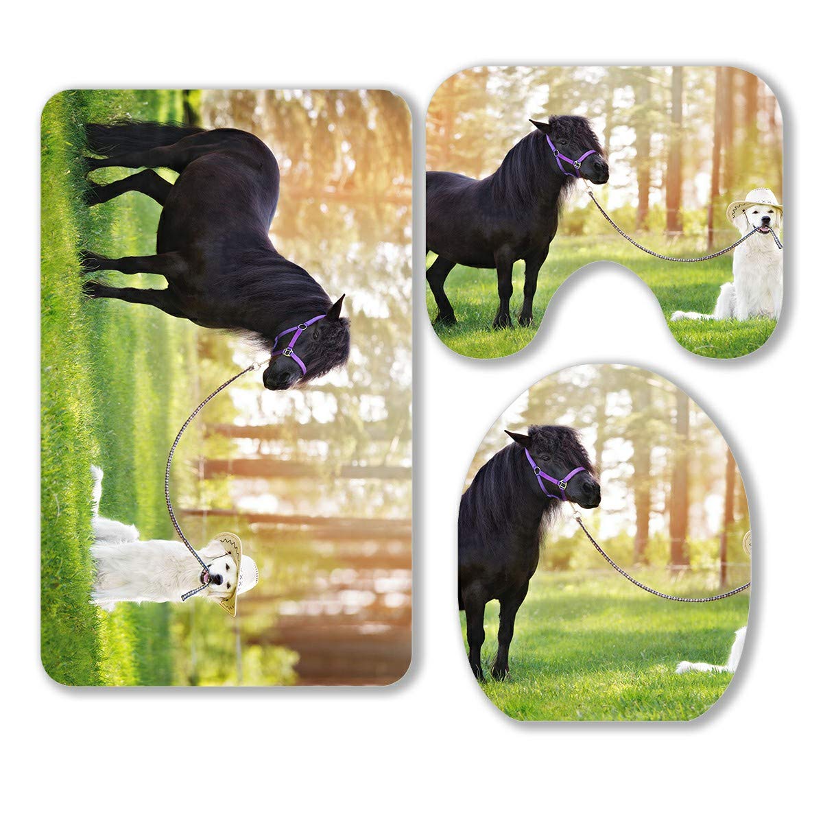 Golden Retriever Dog Cowboy Hat & Pony Leash 3-Piece Bathroom Rug Set - Non-Slip Contour Mat & Toilet Lid Cover - Western Theme Pet Lover's Bathroom Decor for Farmhouse & Ranch Style Homes