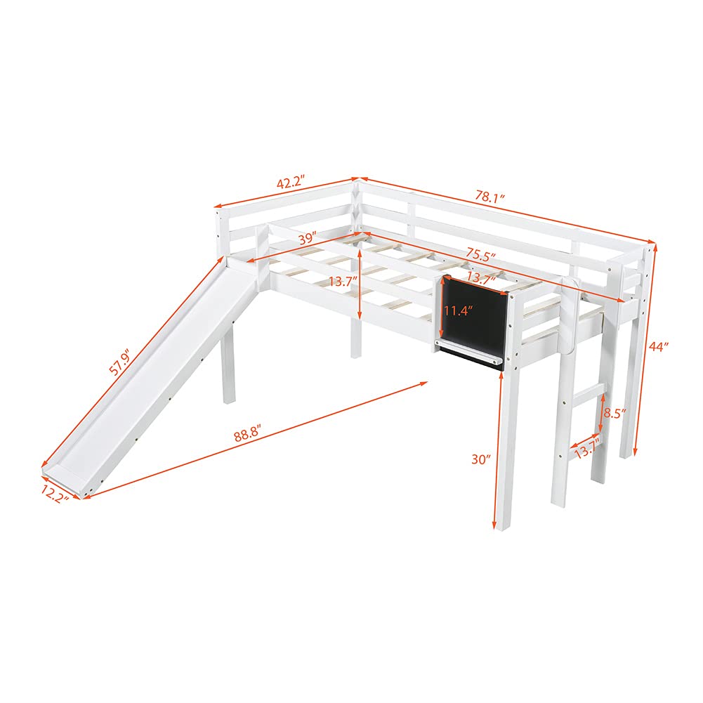 **White Twin Size Wood Loft Bed with Slide, Stairs & Chalkboard - Low Loft Bed Frame for Kids & Teens - Perfect for Small Bedrooms, Playrooms & Dorm Rooms**