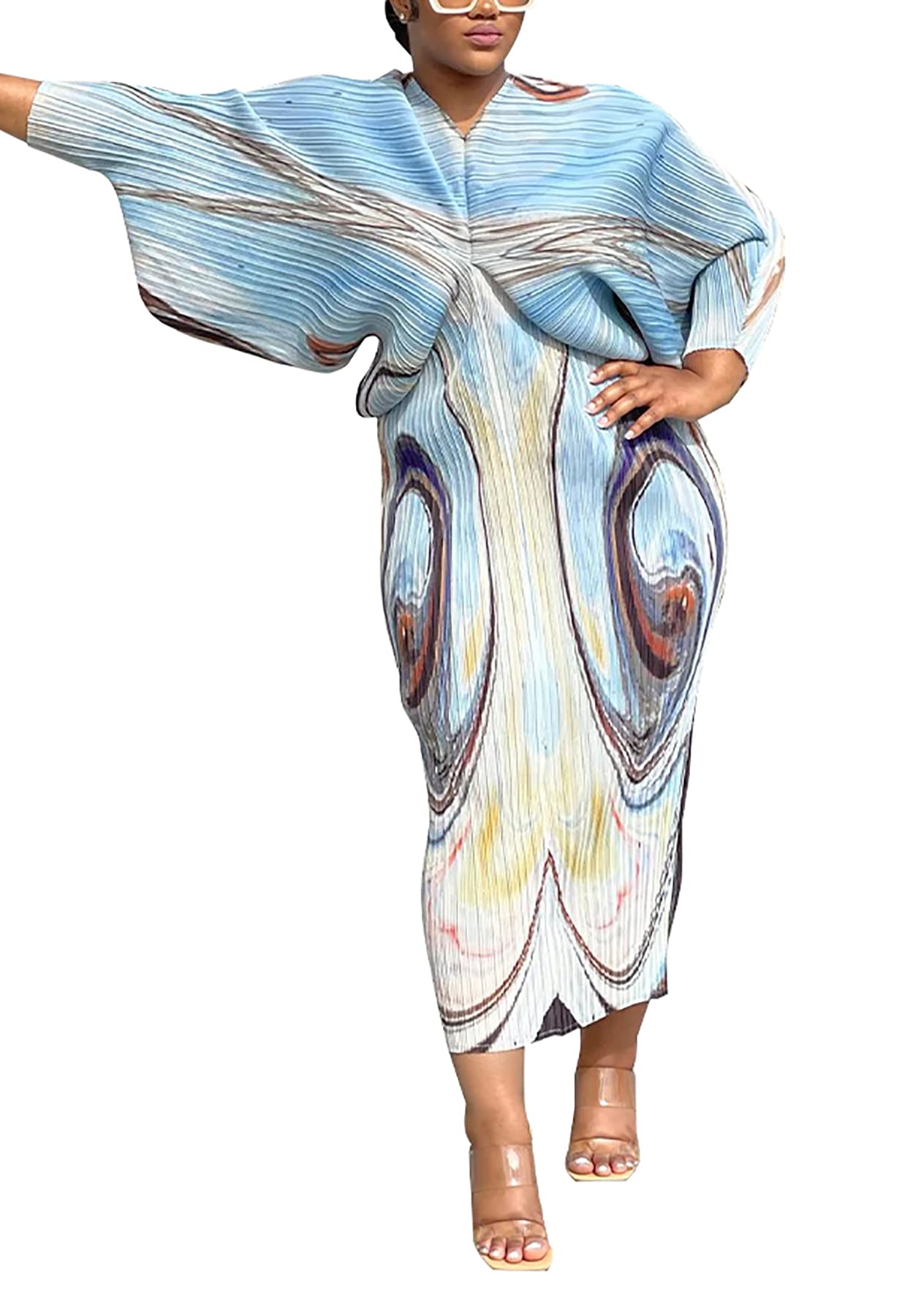 Sexy African Print Midi Dress for Women - V Neck Floral Pleated Summer Dress Plus Size 6-24, Perfect for Beach Vacation, Date Night & Cultural Events