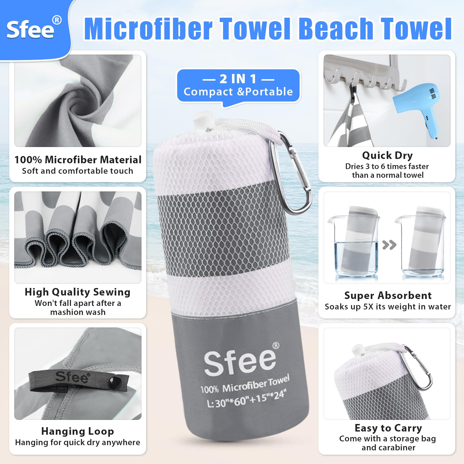 Sfee 2 in 1 Microfiber Beach Towel - Quick Dry, Super Absorbent & Lightweight Camping Travel Towel for Gym, Hiking, Pool, Yoga | Perfect for Outdoor Adventures, Sports & Travel Accessories