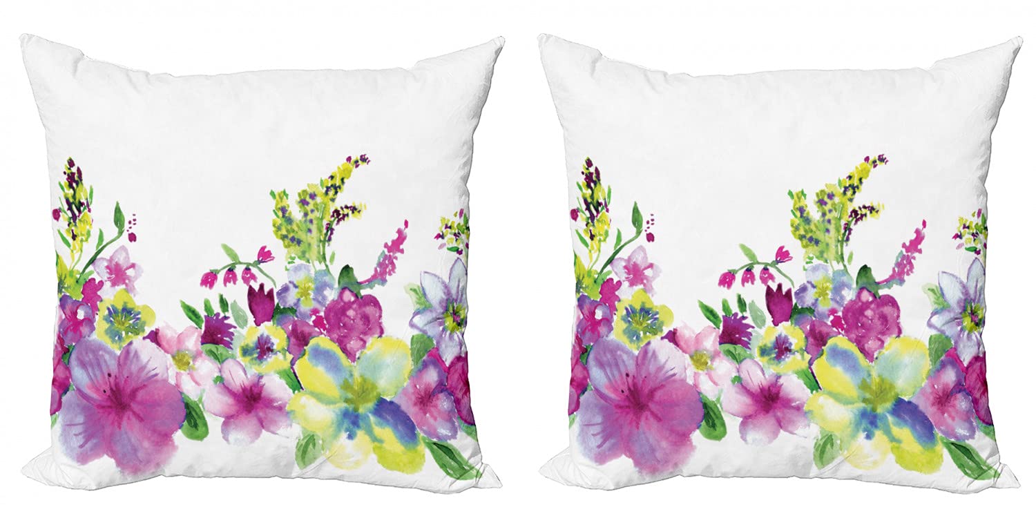 Ambesonne Watercolor Flower Decorative Throw Pillow Covers Set of 2 - 16